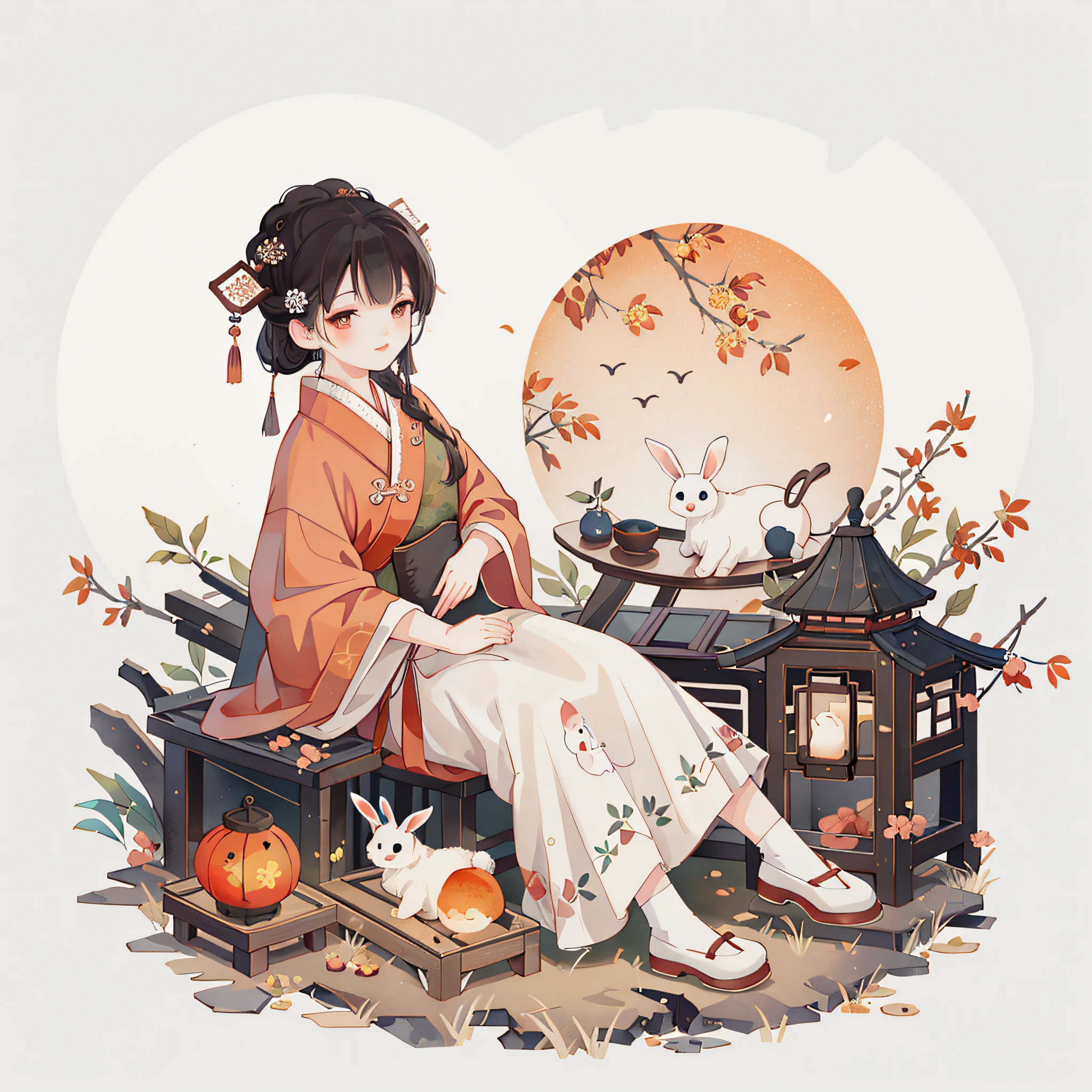(A rabbit:1.4), sat on the ground, Looking up, Mid-Autumn Festival atmosphere, Traditional Chinese illustration style, Digital art, Simple background, A masterpiece on white background, Best quality, Ultra-detailed, High quality, 4K