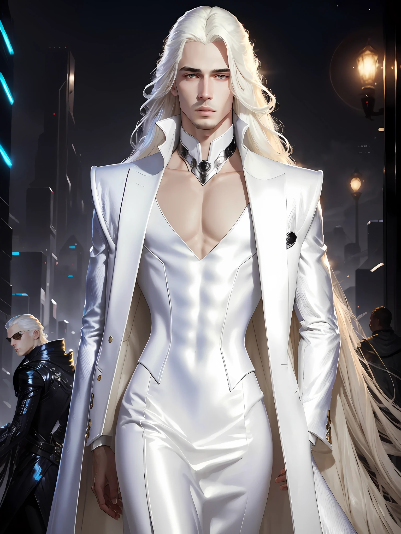 masterpiece, highest quality, (solo focus), (perfect face:1.1), (high detail:1.1),dramatic, 1guy, (pale skin), long white hair, white eyes, [light eyebrows], solo, long hair, moon, night, white luxury suit, covered navel, pouty lips, covered, futuristic city, detailed background, art by artgerm and greg rutkowski,  cinematic lighting, roses, fashion, balenciaga, Alexander McQueen