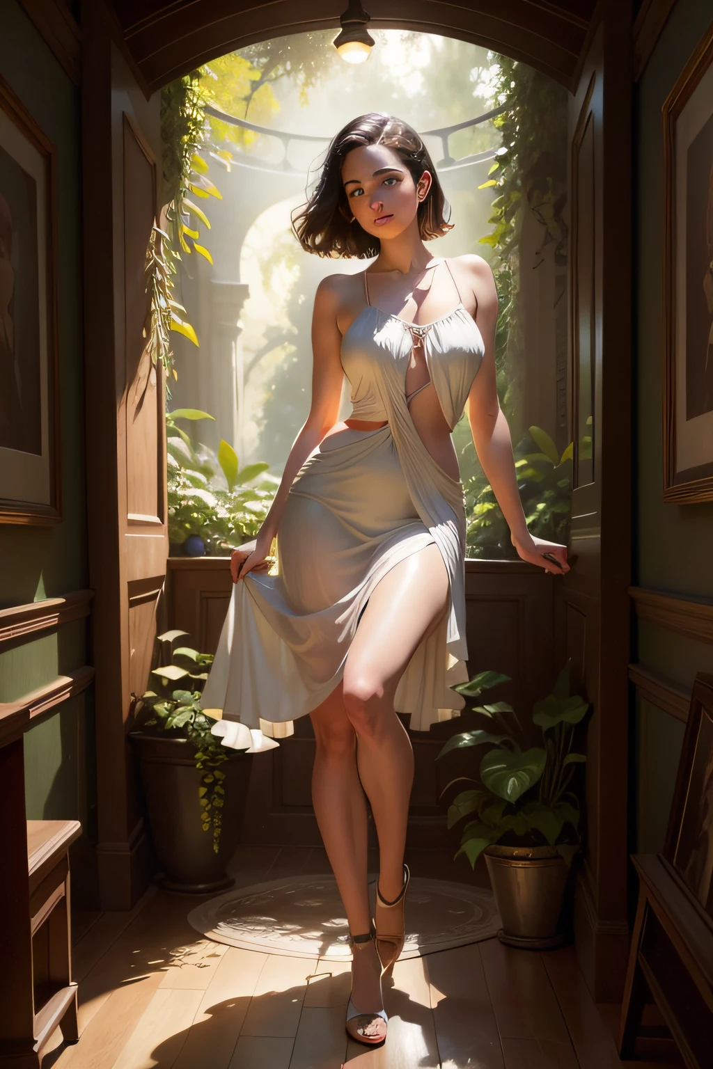 High-resolution drawing of a full body length view portrait of young woman modeled after Kathryn Newton, with a hyper-beautiful face, short hair, naked cavewoman mounted with a glass exhibit enclosed with a circular naturalistic display with ferns, grasses, and trees {No Animals} in a museum, under soft lighting in the style of Bruce Pennington, Frank Frazetta, and Joe Jusko.