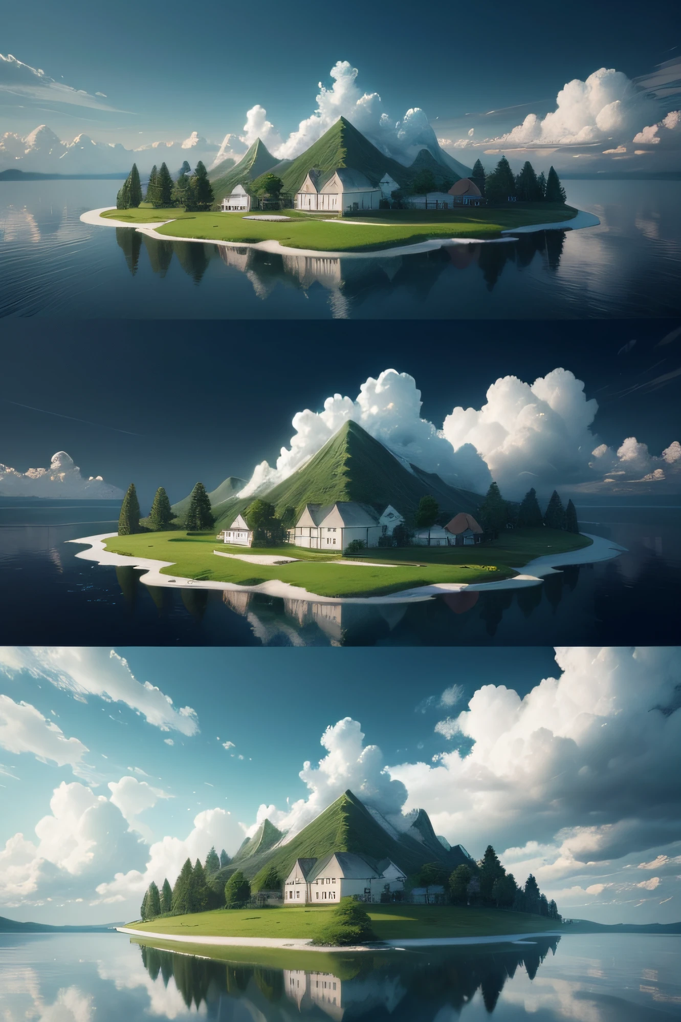 A huge island floats above the sky，There is a small lake on top of the island，Several trees，There is a small house in the middle of the island，Below the island are white clouds, not water，Below the white clouds is an endless abyss，The house occupies only one-tenth of the size of the island