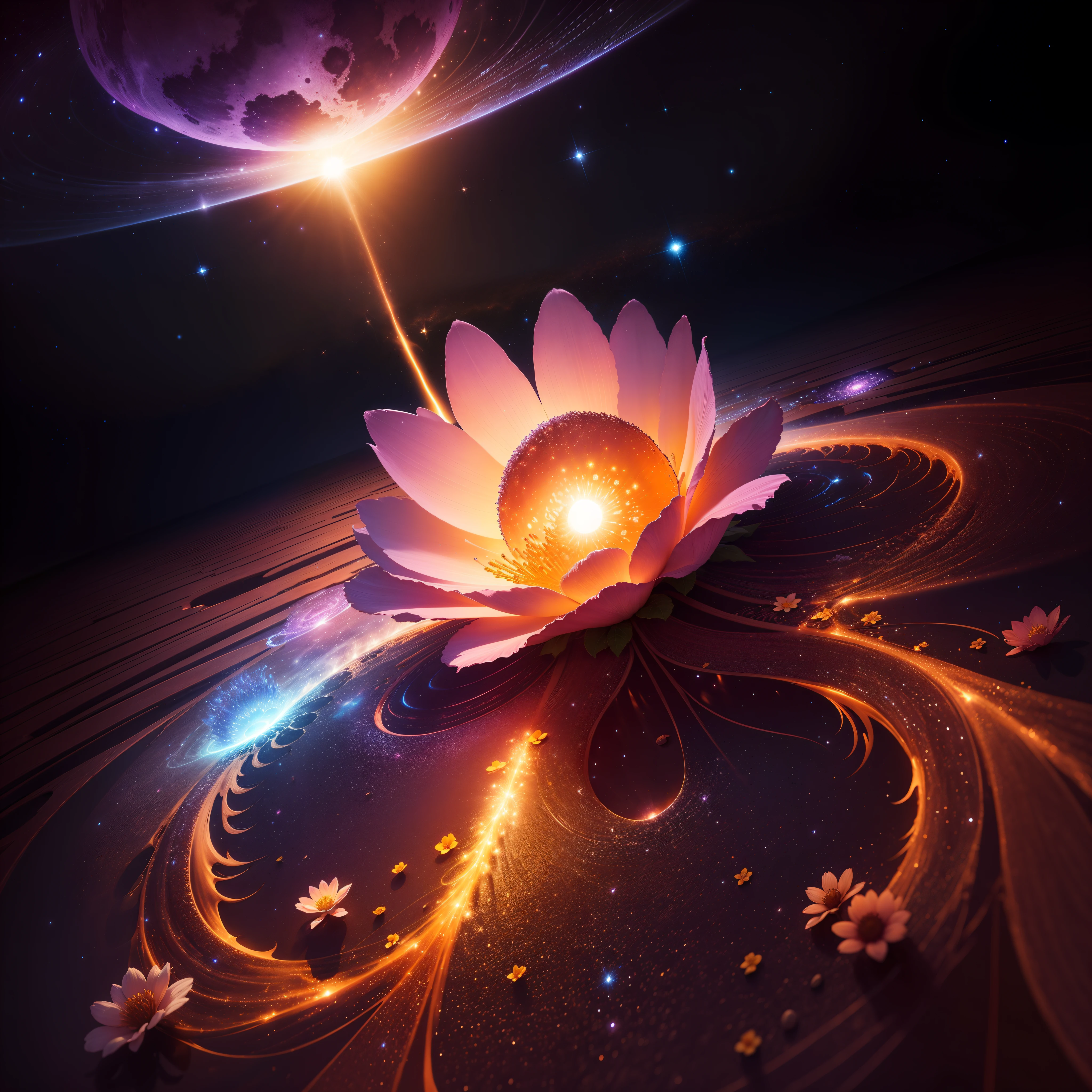 magical flower bloom in the moon soil, earth background, sun ray, flowing light particles, surrounding with cosmic dust, fireluminensce, lumineer, bioluminensce,