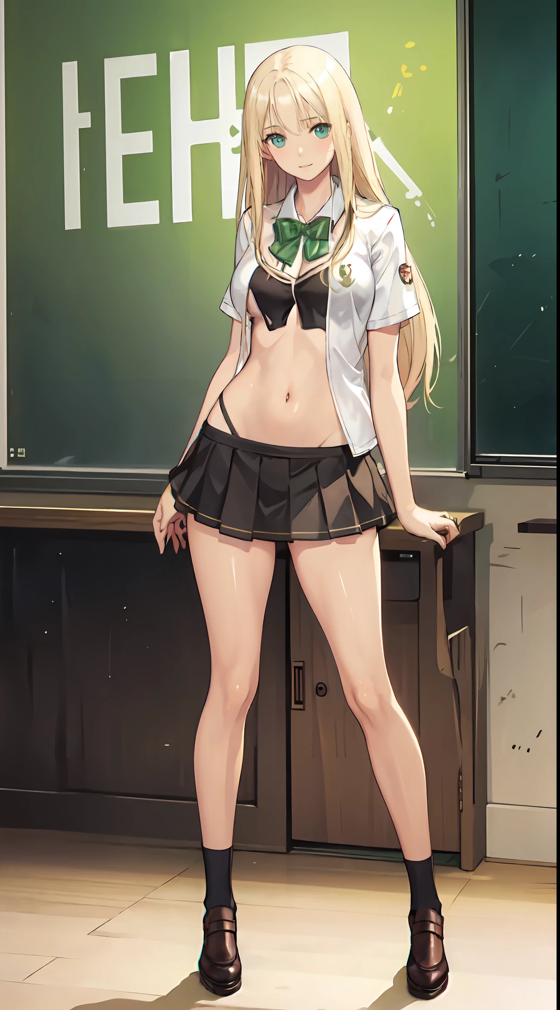 blonde hair, long hair, green eyes, happy, school uniform, short skirt, medium breast, cleavage, classroom, slim legs, navel, open clothes, full body