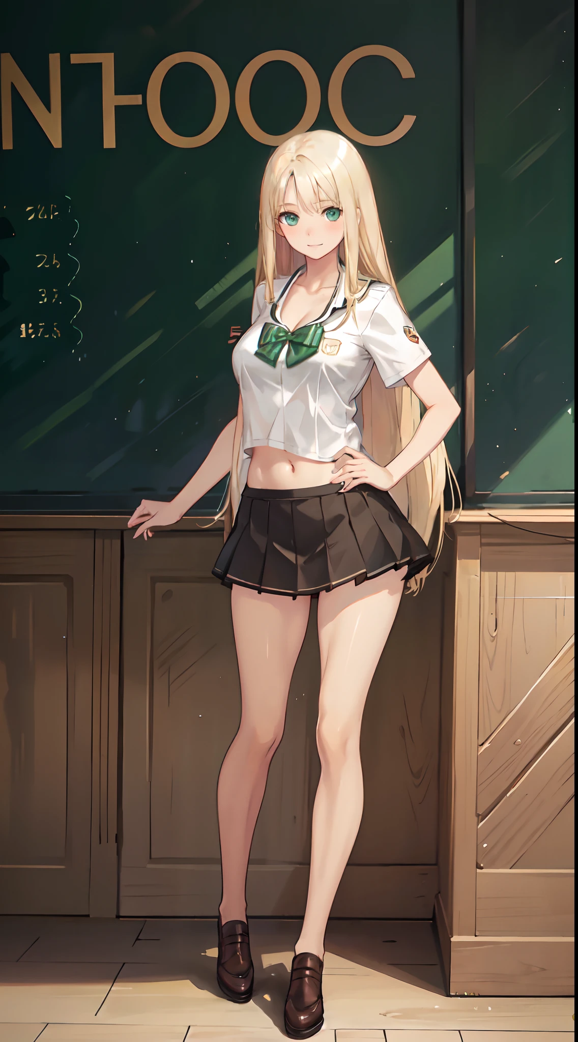 blonde hair, long hair, green eyes, happy, school uniform, short skirt, medium breast, cleavage, classroom, slim legs, navel, open clothes, full body