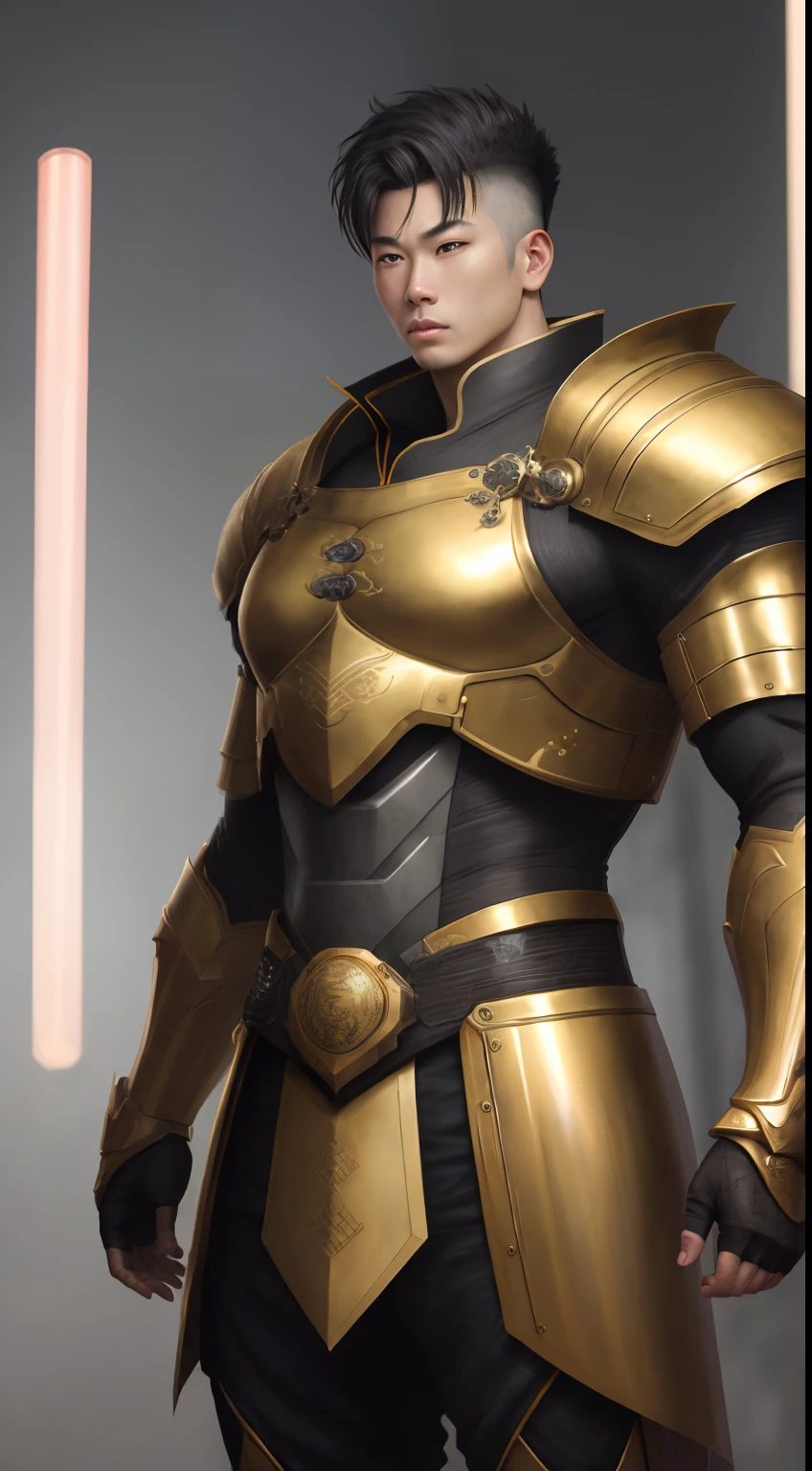 of a guy, Cool look, cyber punk perssonage,Armour, Gold Lab, A golden breath, Chubby body, Ancient Chinese culture, Armour, Anime style, Depth of field, High quality