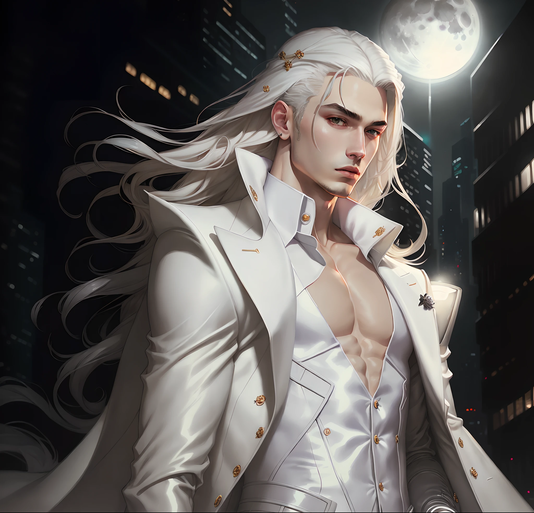 masterpiece, highest quality, (solo focus), (perfect face:1.1), (high detail:1.1),dramatic, 1guy, (pale skin), long white hair, white eyes, light eyebrows, (solo), long hair, moon, night, white luxury suit, covered navel, pouty lips, curvy guy, perfectly drawn face, covered, futuristic city, detailed background, art by artgerm and greg rutkowski, cinematic lighting, roses, fashion, balenciaga, Alexander McQueen