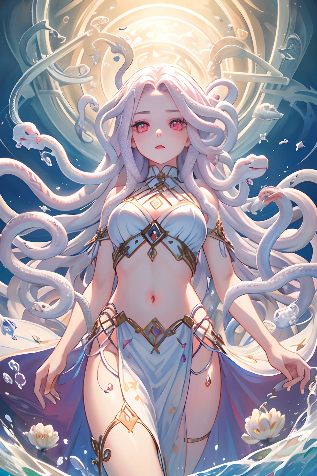 （tmasterpiece，top-quality，best qualityer，aquarelle（Curly），offcial art，Beauty and aesthetics：1.2），（1girl：1.3），（s fractal art：1.3），Medusa, Snake hair, hyper HD, Dynamic lighting, 1girll, Dark pink eyes, Hair up, White and tender skin, Soft white hair, full bodyesbian，looking at viewert，patterned，Barefoot,Open navel，Long hair is calm and natural, Koi,Underwater, Dome,Dynamic actions，Eau，liquids，​​clouds，colorful，Starry，As estrelas，