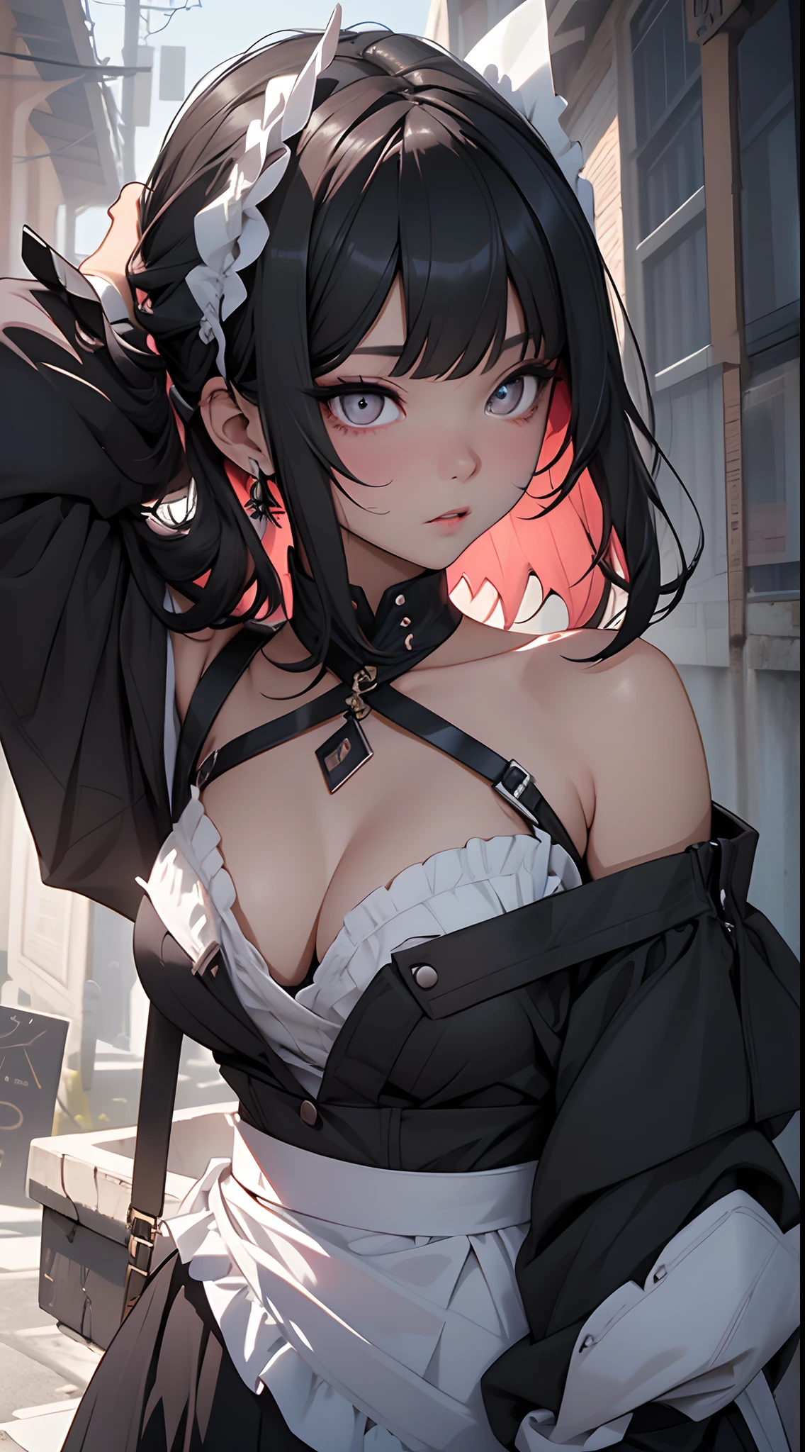 tmasterpiece, Best quality at best, beautidful eyes,(bunnygirl),White pink black style, (Black pupils:1.5),Deep eyes,Detailed eyes, 详细的脸, scenecy, Detailed CG, ultra - detailed, Best shadow, depth of fields, Beautiful illustration, illustratio, Tremendously beautiful, perfect detail, 1girll, 独奏,camisole,cleavage,(The shoulder straps slip off:1.5), black andwhite, with short black hair,Off-the-shoulder attire,Insufficient tailoring, Hair is more than one eye, dynamicposes, Bright colors, fish eye, dent in the skin, poggers, Fly from above