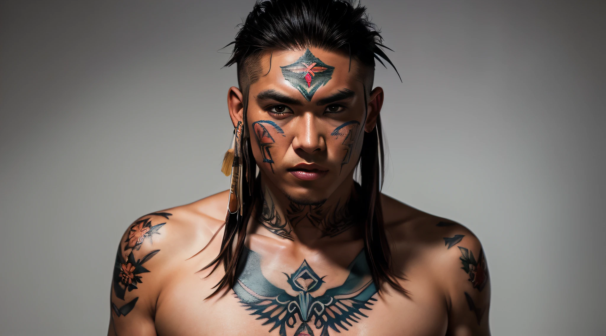masterpiece photo of twenty-nine year old fit male native american shaman, full body, tattoo, intricate detail, super-realistic, hyper detail, skin texture, tan, goosebumps, shiny skin, photo, photorealistic, 8K, high-detail