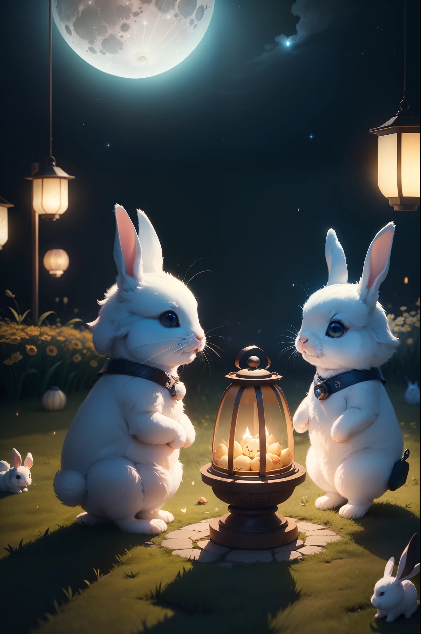 1 The great moon hangs above the sky,Under the light blue beautiful night sky, There are 3 cute rabbits eating mooncakes on the grass,There are glowing fireflies in the sky,There are glowing lanterns on the ground。The illustration is a high-definition illustration in 4K resolution,With very detailed visuals。