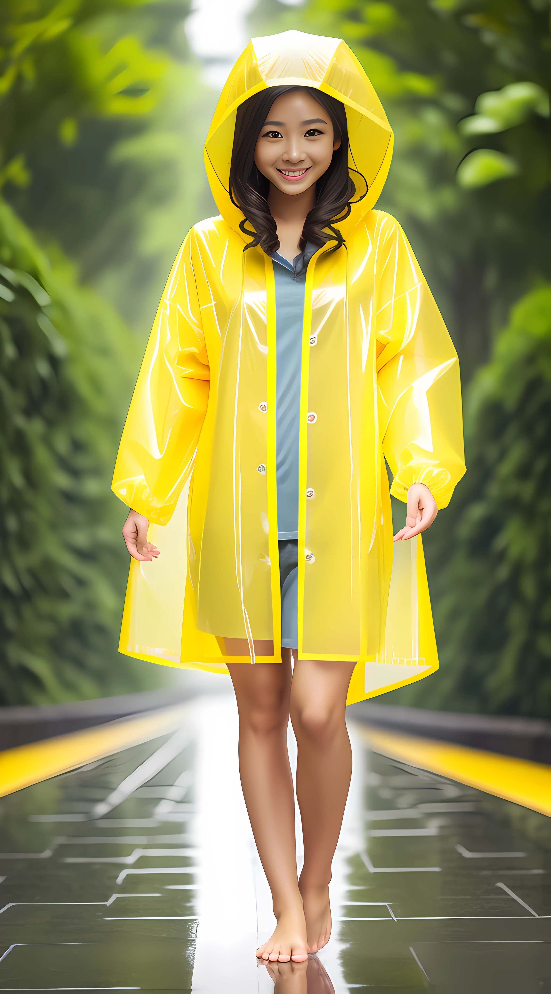 Yellow hood raincoat girl,Positive perspective,Barefoot and barefoot,Accentuates the raincoat gel texture,Accentuates the translucent texture of the raincoat。