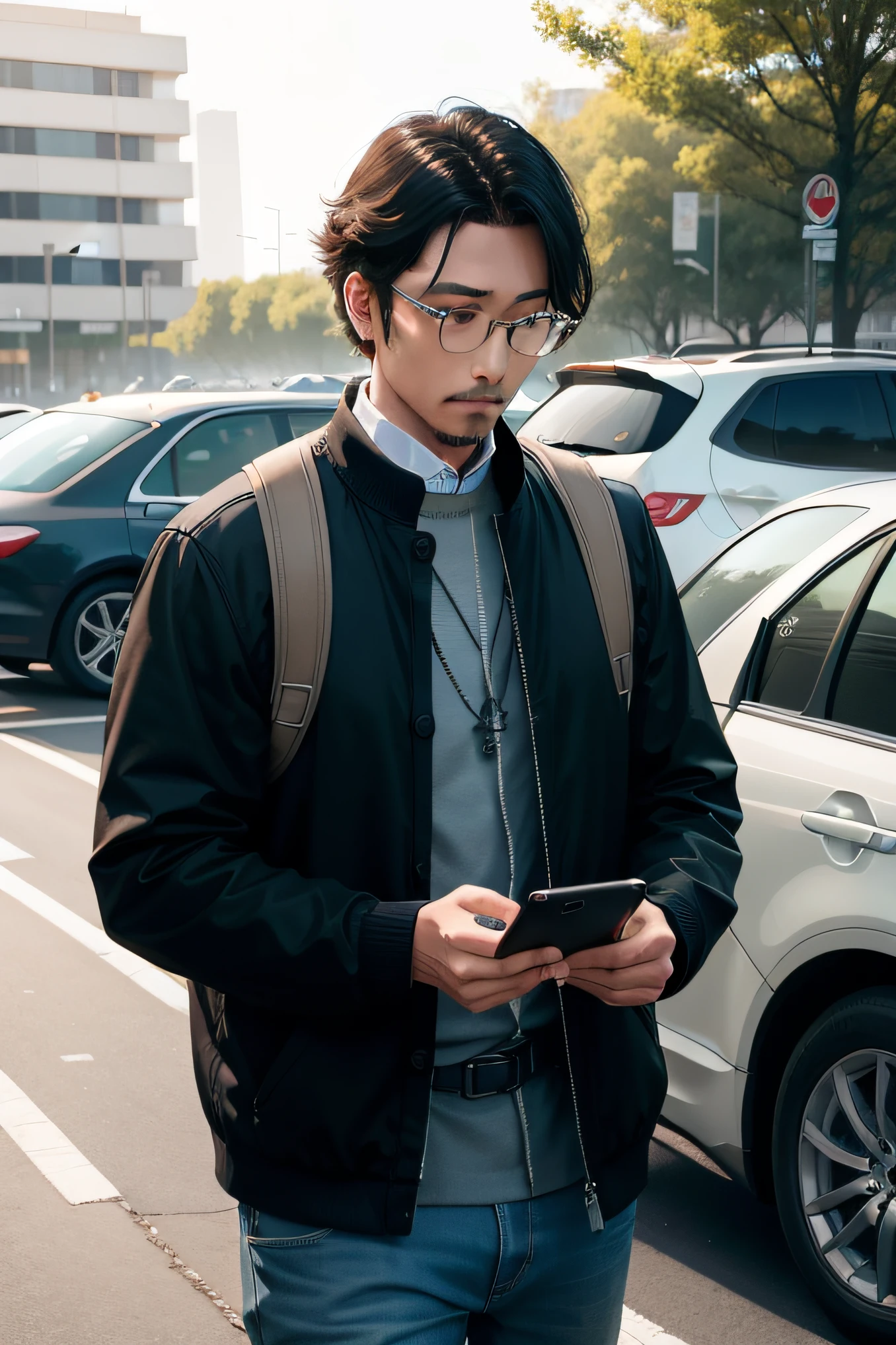 A man looks at his phone and appears in the parking lot,4k高清