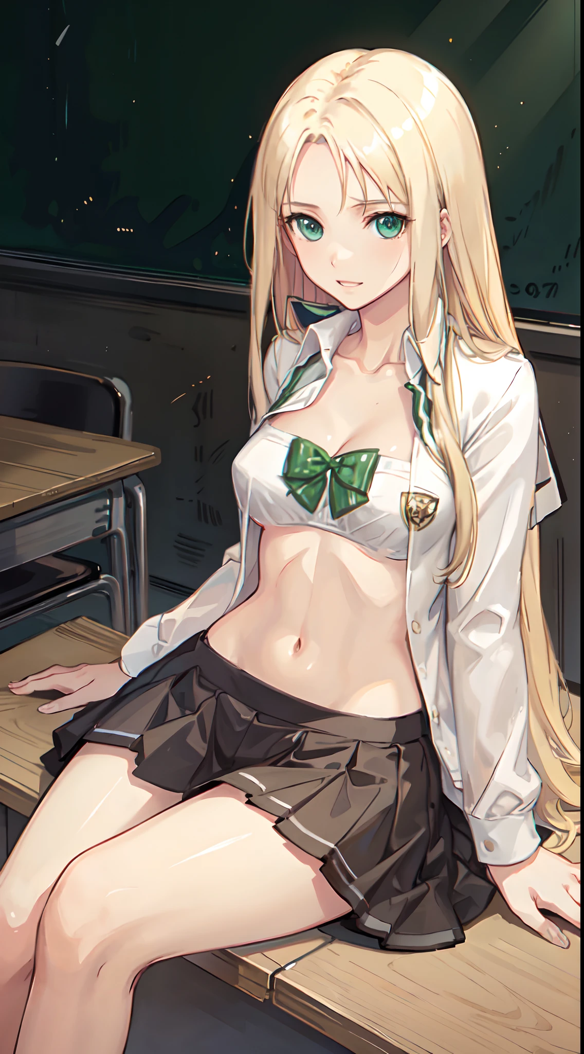 blonde hair, long hair, green eyes, happy, school uniform, short skirt, medium breast, cleavage, classroom, slim legs, navel, open clothes, sitting