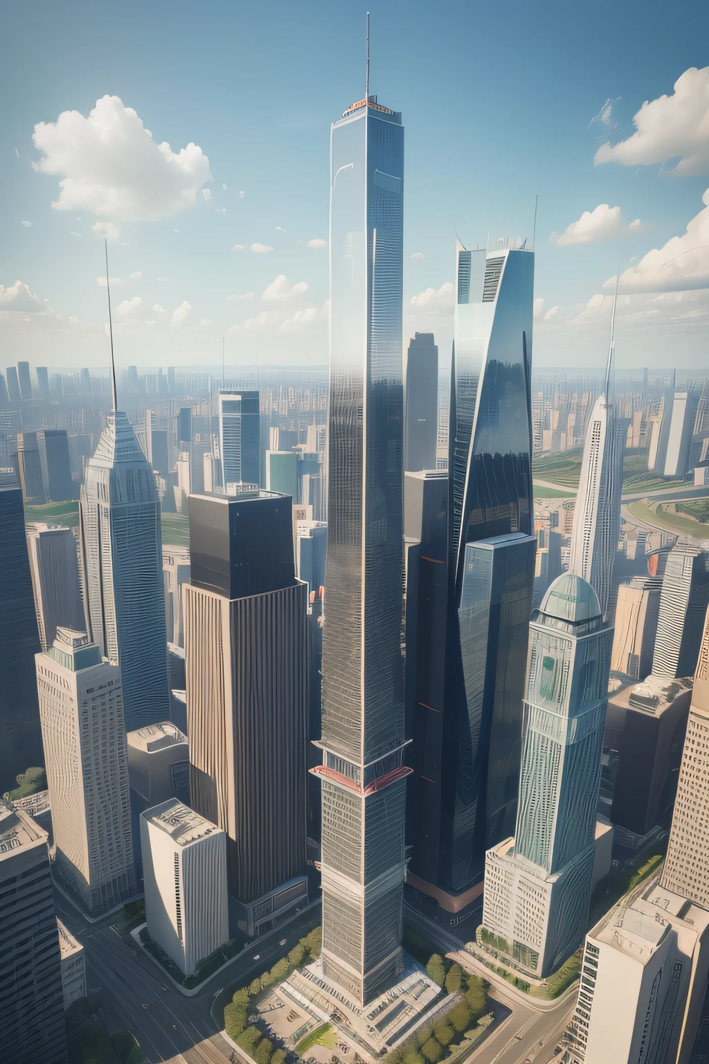 A fetish of a city with trains and trains on the tracks, super high-rise buildings, High-rise buildings, with tall glass skyscrapers, Tall structures, skyscrapers with greenery, highrise business district, towering over a city, Tall structures, full building, aerial photograph of skyscraper, neo kyiv, Sleek glass building