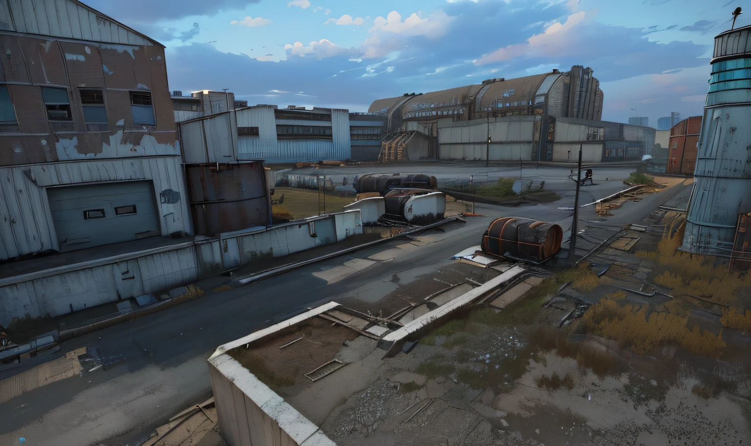 There are photos of warehouses near the city with a large number of buildings, Photo of an abandoned factory, Barrels on pallets, Pallets, The Broken Road, Dirty street background, Grass makes its way out from under the asphalt, Screenshot from the game, industrial setting, ingame image, Ландшафт Airsoft Arena, Industrial Environment, Realistic scene, Hyper-detailed scene, Industrial Environment, highly detailed scene, game cg, Steam Workshop Maps, Shot in the game, An asset of the RPG gaming environment