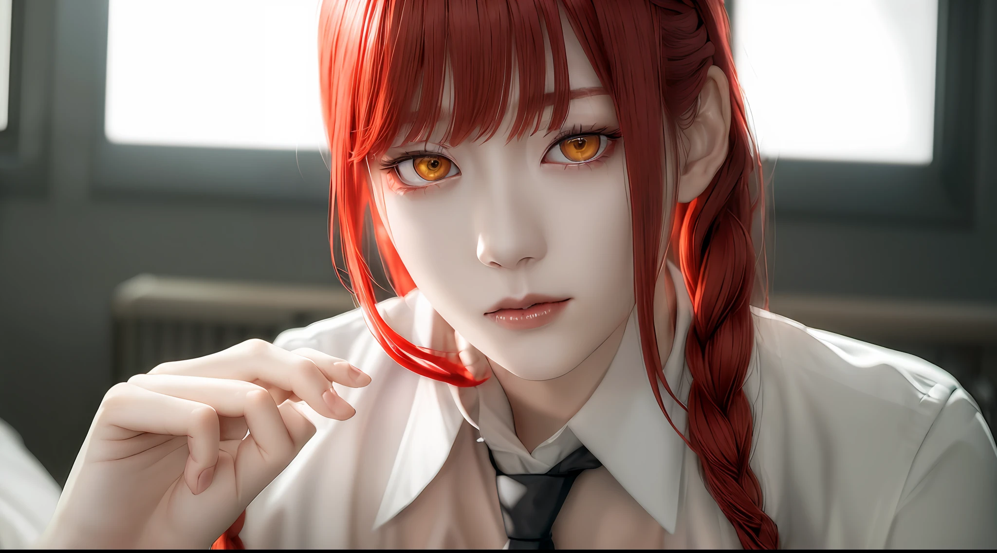 masterpiece, (photorealistic:1.4), best quality, beautiful lighting,
(ulzzang-6500:0.5), makima \(chainsaw man\), (red hair)+(long braided hair)+(bangs), yellow eyes, golden eyes, ((ringed eyes)), (white shirt), (necktie),
RAW photo, 8k uhd, film grain, chainsaw man