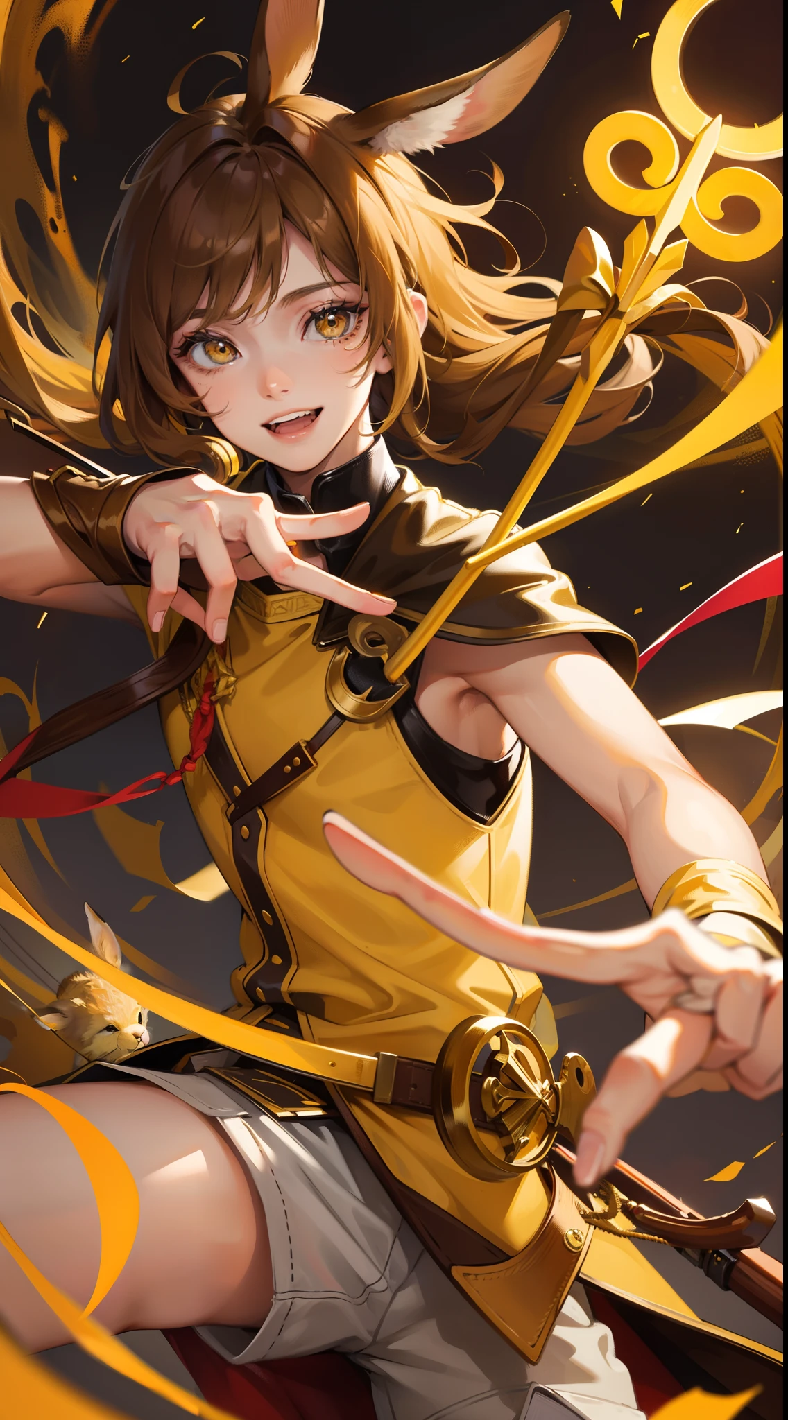 Young guy, Brown hair with blonde strands, Yellow eyes, brown rabbit ears, Smile, Bow and arrow, Masterpiece, hiquality