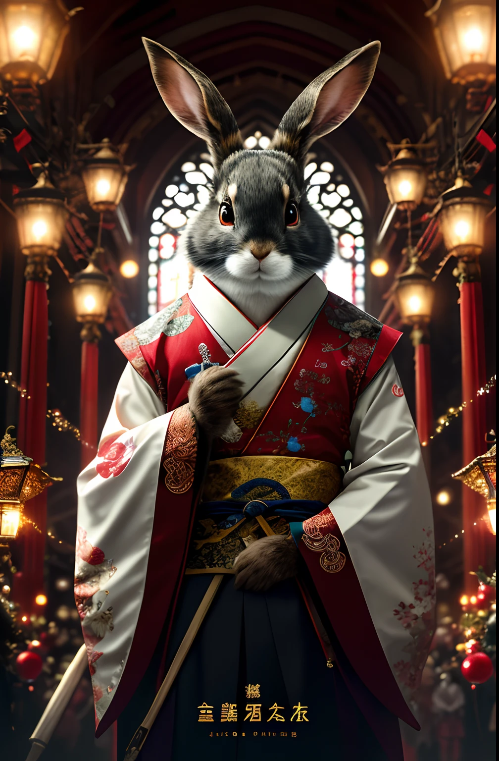 extremely detailed 8k wallpaper),iintricate,detail-rich,dramatics,Rabbit with white kimono,preparing to fight,The sinister face is drawn underneath, only a pair of red eyes peek,Graphic madness,Light is reflected on the ornaments,Bright ash seeped from the torches of the arched passage,Take a leisurely walk through the gloomy cathedral,Show the whole person that there is a certain distance from the surroundings to get their own permit。