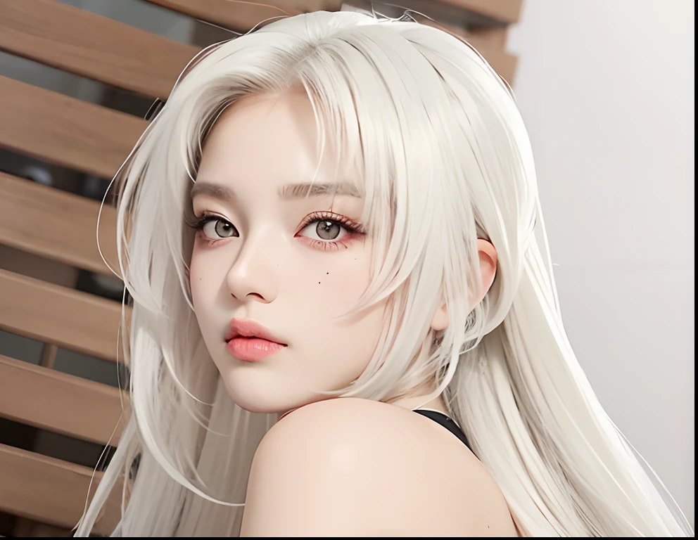 Realistic, 8k, 1girl, long white black ponytail hair, Chinese, heterochromic eyes, moles under the eyes, thick eyebrows, bikini, white panties, tuned abs, thighs, in bed, tsunade,