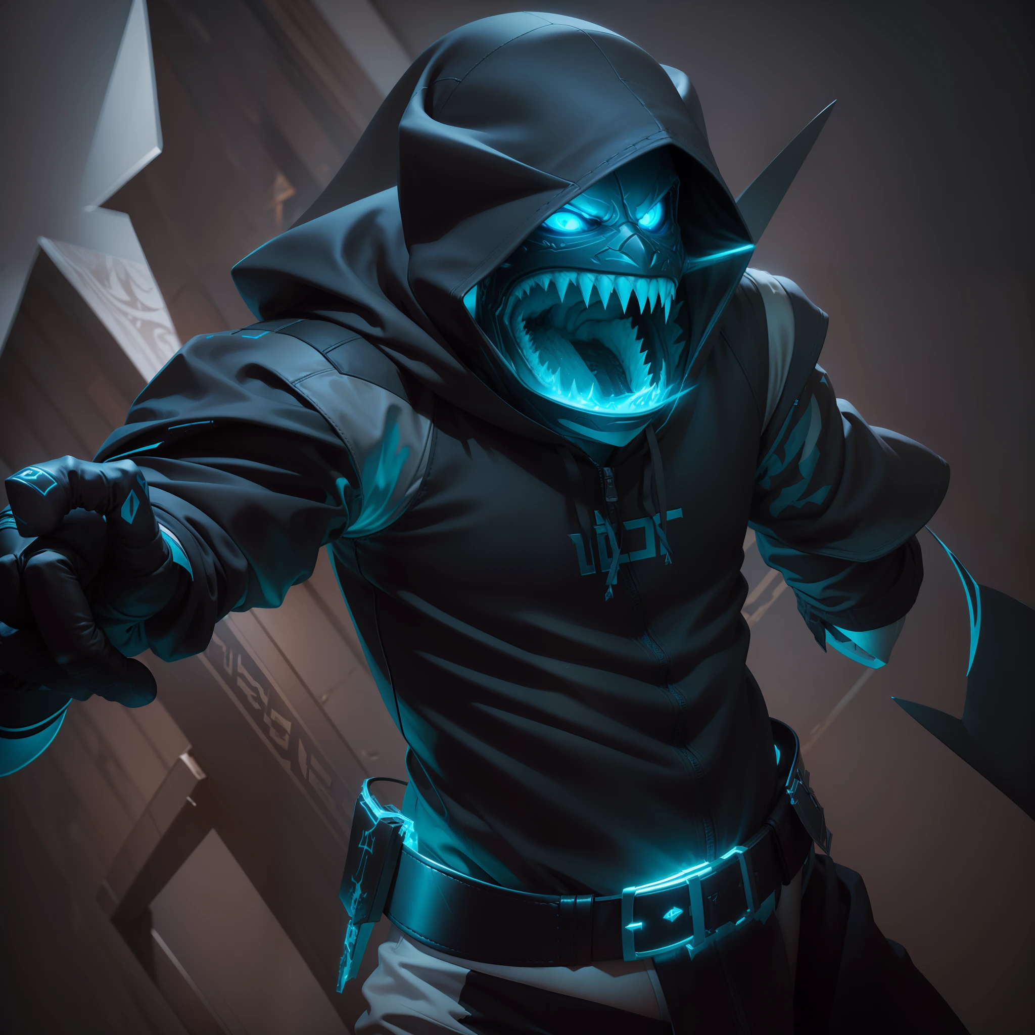 there is a man in a hoodie with a shark's teeth, raziel irl, frostbite 3 rendered, omen from valorant, rolands zilvinskis 3d render art, 3 d render character art 8 k, unreal engine character art, from league of legends, rendered in keyshot, iconic character splash art, art render, valorant character