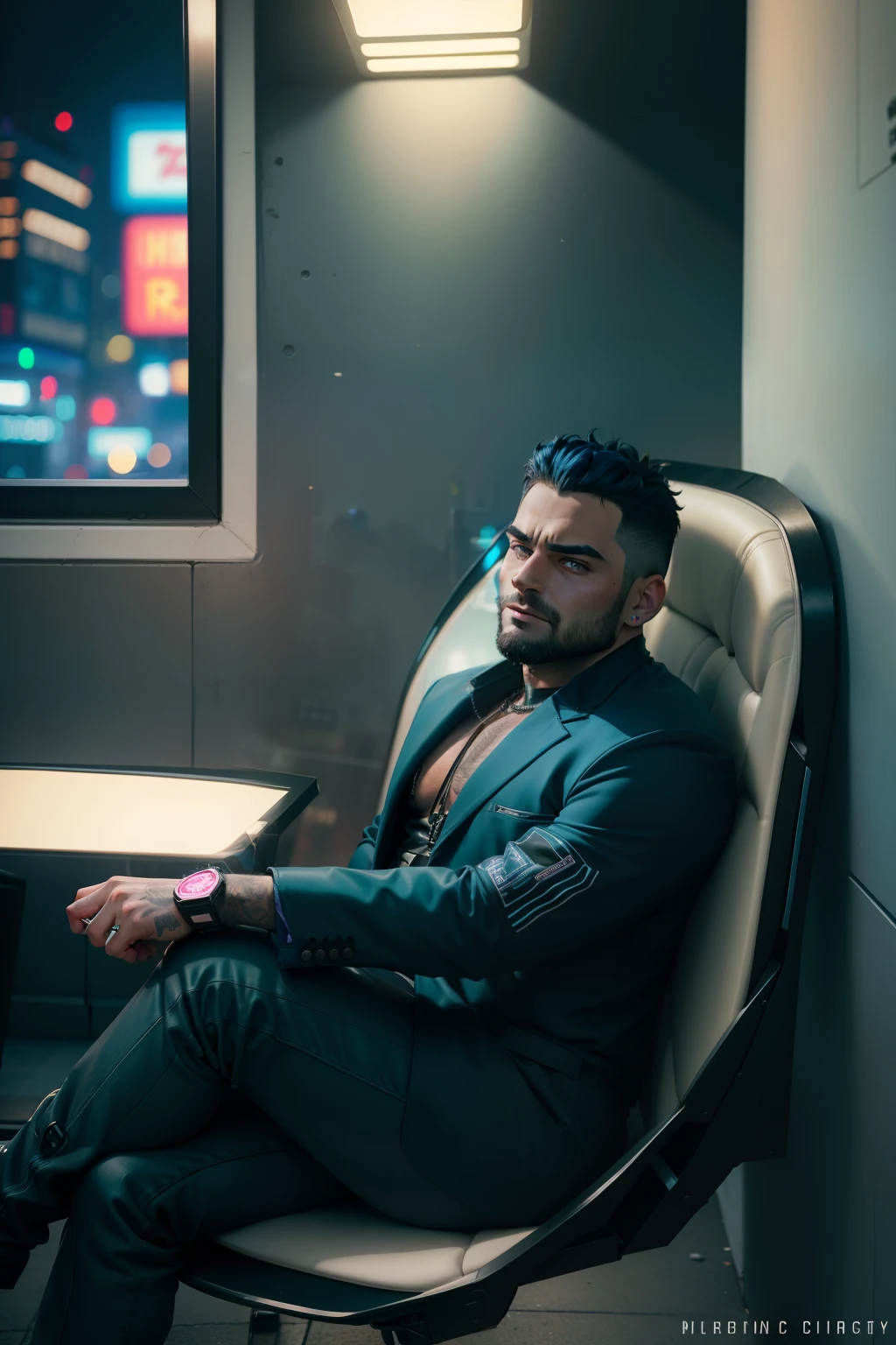 high quality, High detail, Realistic,8k, neon light, realistic, cyber punk,30 year old man,his hair is blue black, curly hair, sensable men, stocky man, caught in a candid moment, bustling city atmospher,neon light,