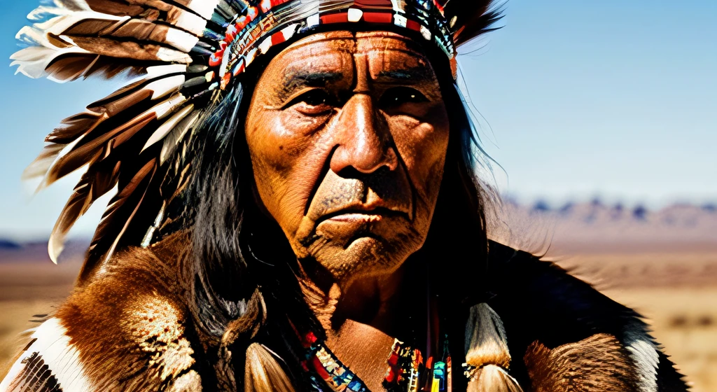 Native american male, tribal leader, apache, old, wise, taken from history books. (Best quality, Ultra realistic, Human realistic, 8k)