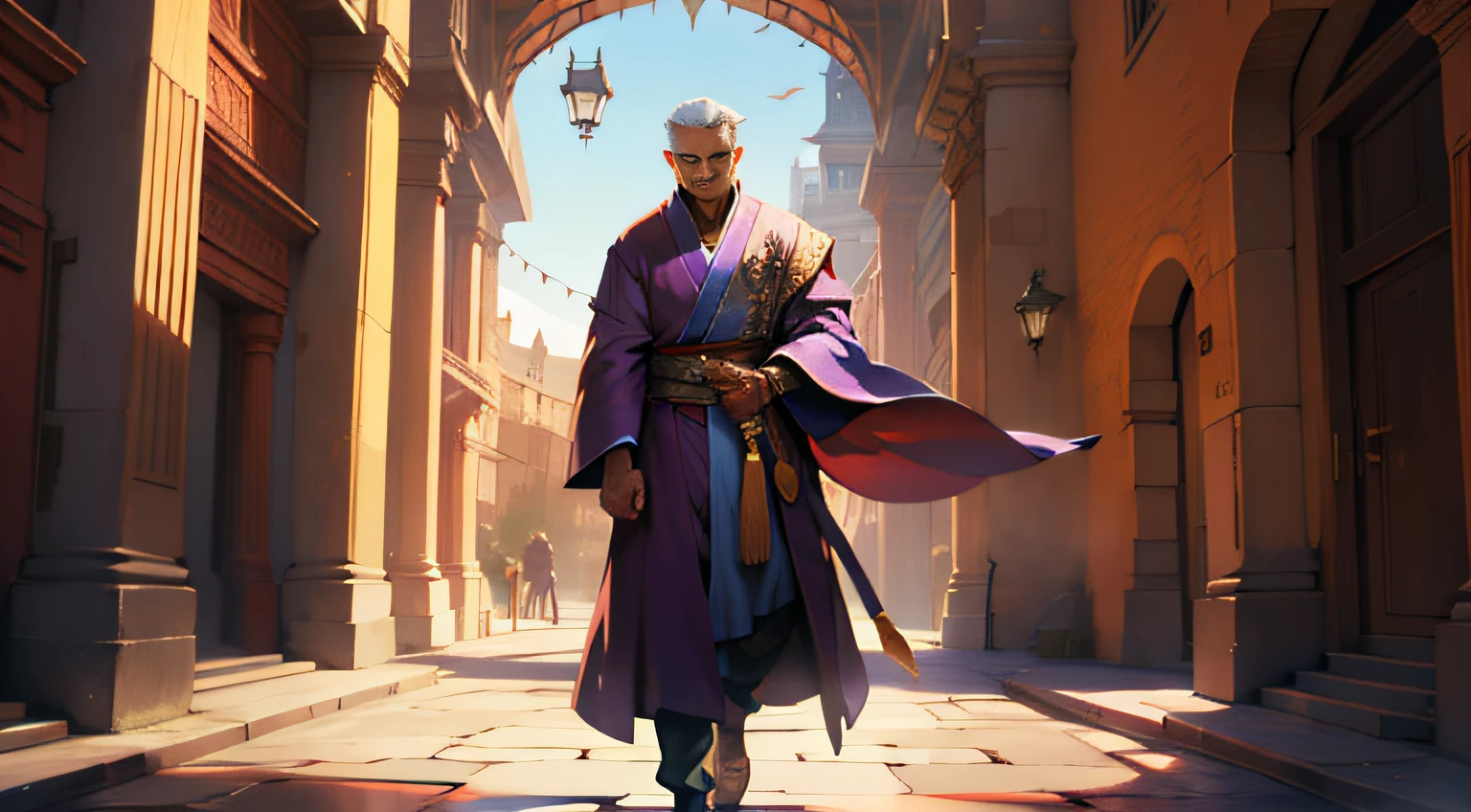 Wearing a purple robe,Middle aged,mighty,Magnificent,Stand in the courtyard,majestic-looking