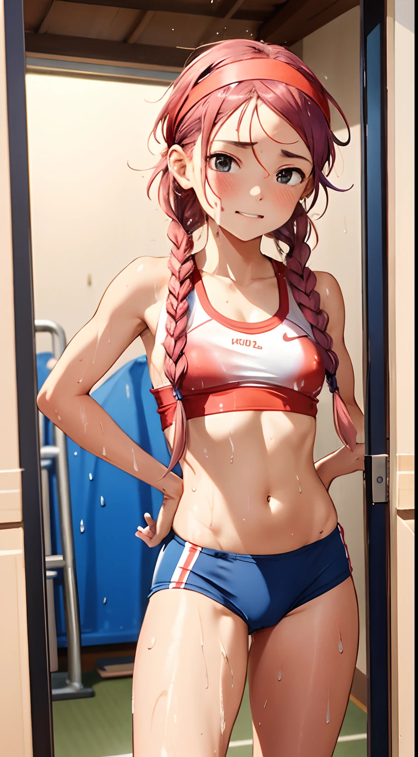 {{{masterpiece}}}, {{{best quality}}}, {{ultra-detailed}}, {illustration}, {{an extremely delicate and beautiful,high resolution, ultra-detailed,,perfect face,slender perfect body, Tight belly,Toned buttocks,Constricted waist}},,(((2 girls to 100m run start))),(painful face), (wear a headband),15yo,((pink:-1.5) ,(red:-1.5) ,(blue:-1.5) hair), (braided short hair), (braided long hair), shy daughter, short stature, small tits,(flom track and field), (fashionable track and field athlete),(bike shorts), small tits, (wet:1.2), track and field,((very wide shot )),(clothnipples visible throughes),(Cameltoe:1.2)