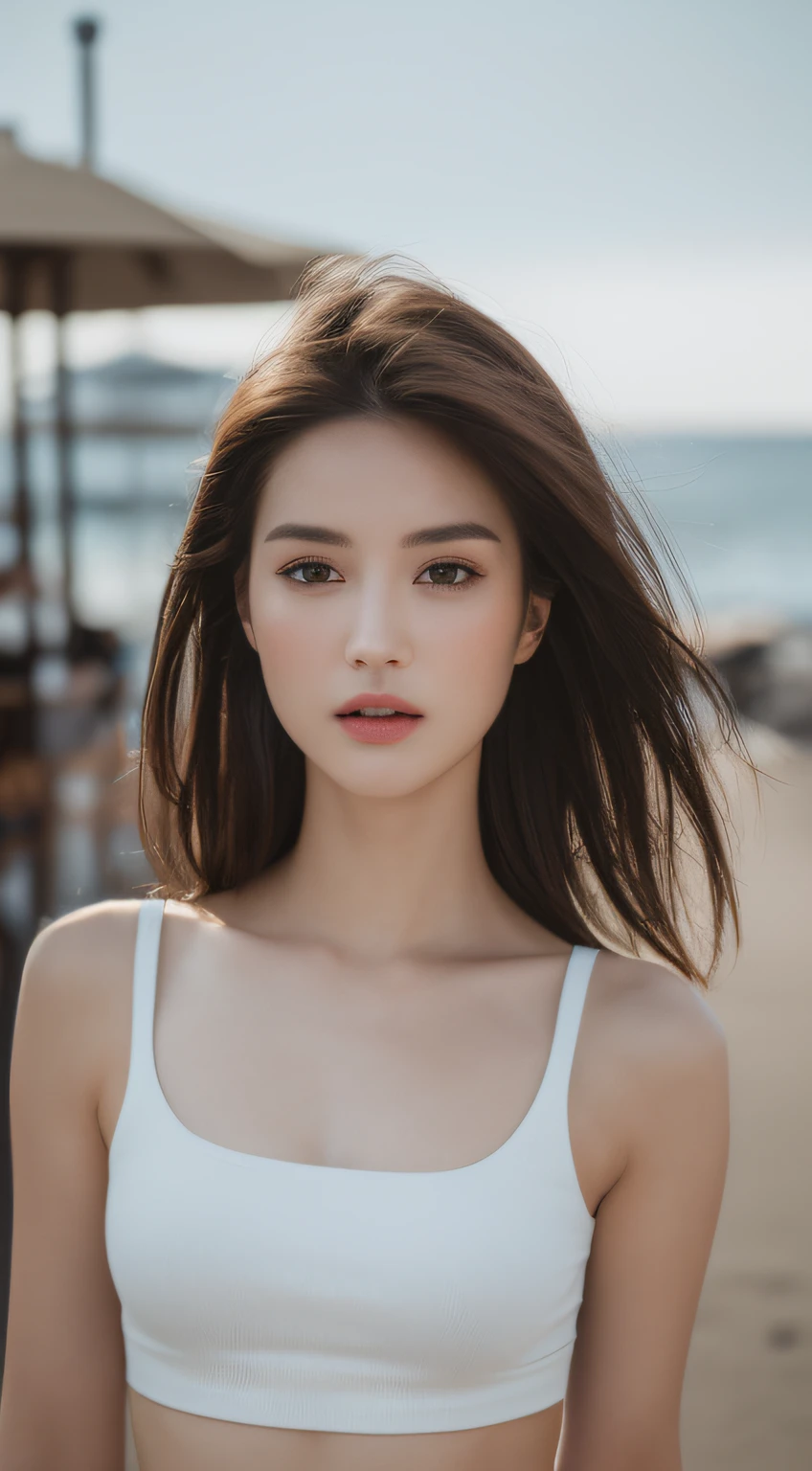 ((Realistic lighting, Best quality, 8K, Masterpiece:1.3)), Focus:1.2, 1girl, Perfect Figure:1.4, Slim Abs:1.1, ((Dark Brown Hair)), (White Crop Top: 1.4), (Outdoor, Seaside: 1.1), City Street, Super Fine Face, Fine Eyes, Double Eyelids,