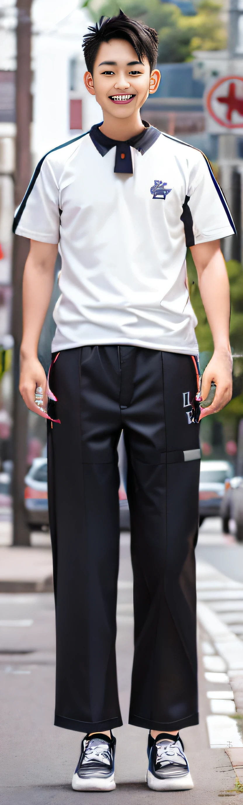 Asian male junior high school student，White loose T-shirt，Black loose sweatpants，Black and white shoes，Happy smile