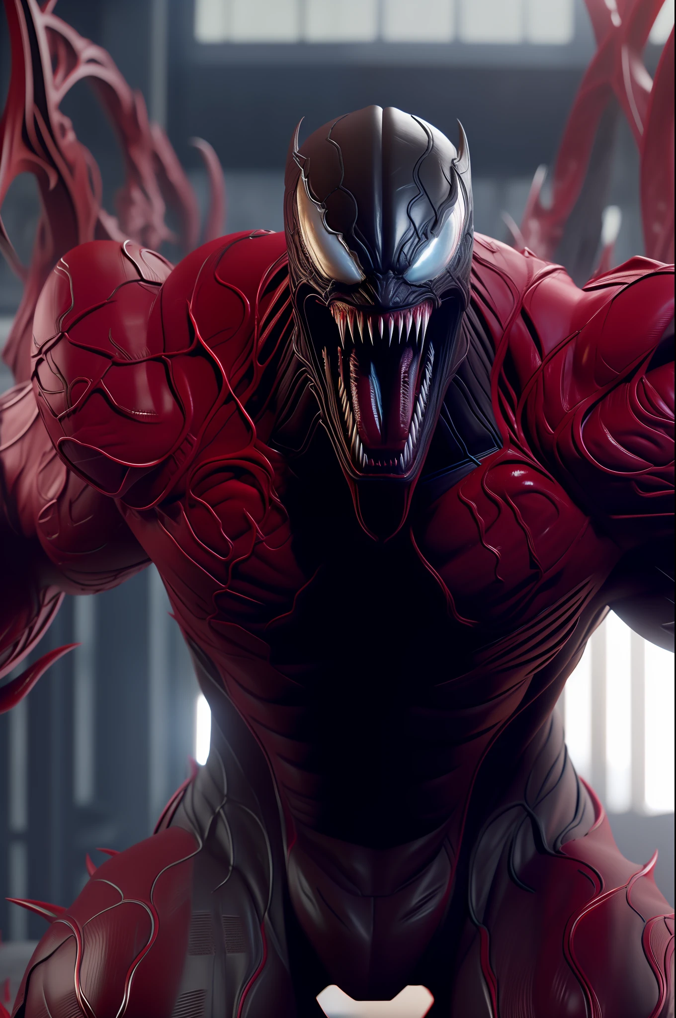 Carnage (Marvel), standard body, rough black skin, sharp teeth, evil smile, long tongue, beautiful, cool, intricate details, sci-fi, 8K.