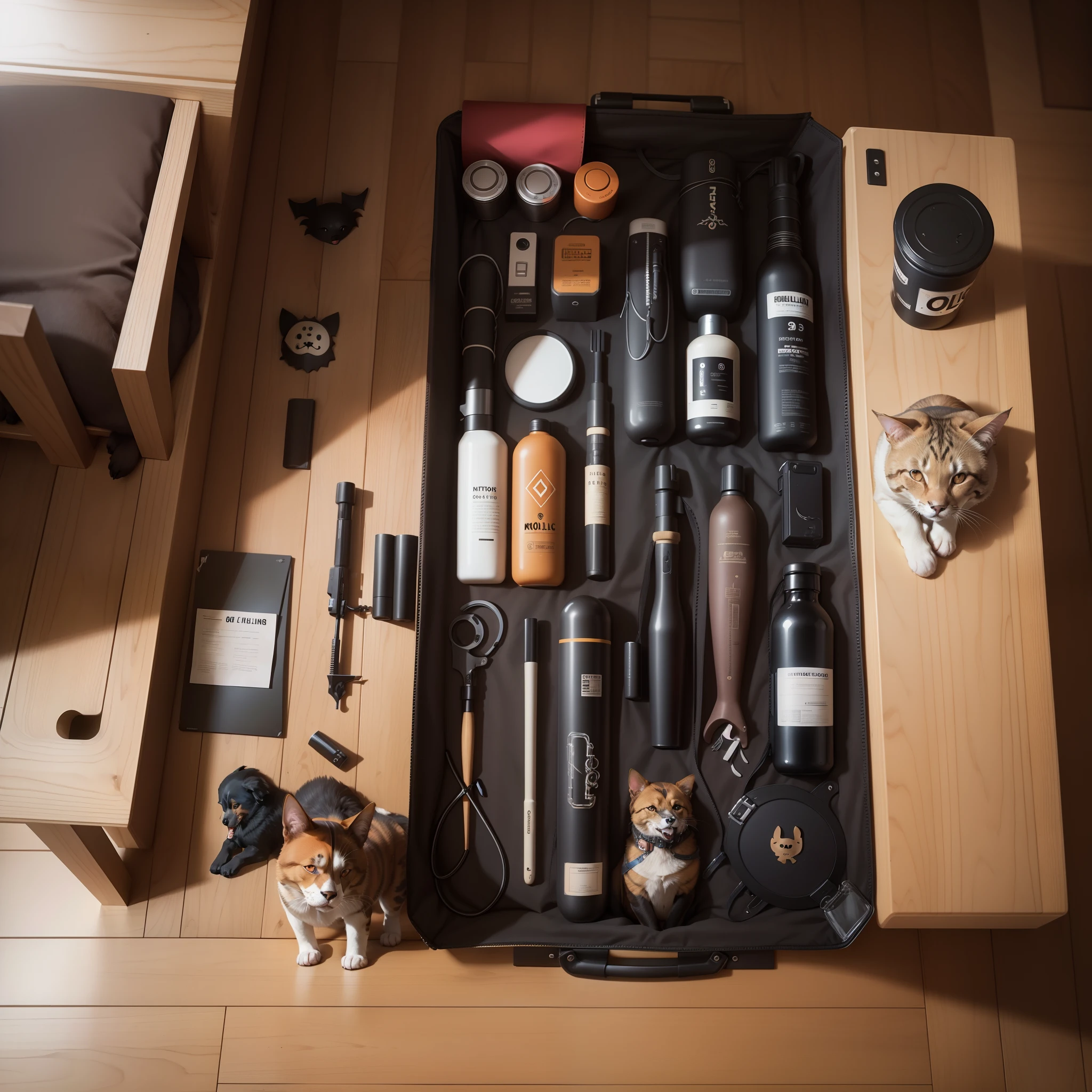 Knolling case, dog, cat, bat, random stuff