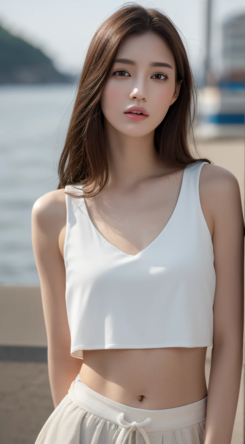 ((Realistic lighting, Best quality, 8K, Masterpiece:1.3)), Focus:1.2, 1girl, Perfect Figure:1.4, Slim Abs:1.1, ((Dark Brown Hair)), (White Crop Top: 1.4), (Outdoor, Seaside: 1.1), City Street, Super Fine Face, Fine Eyes, Double Eyelids,