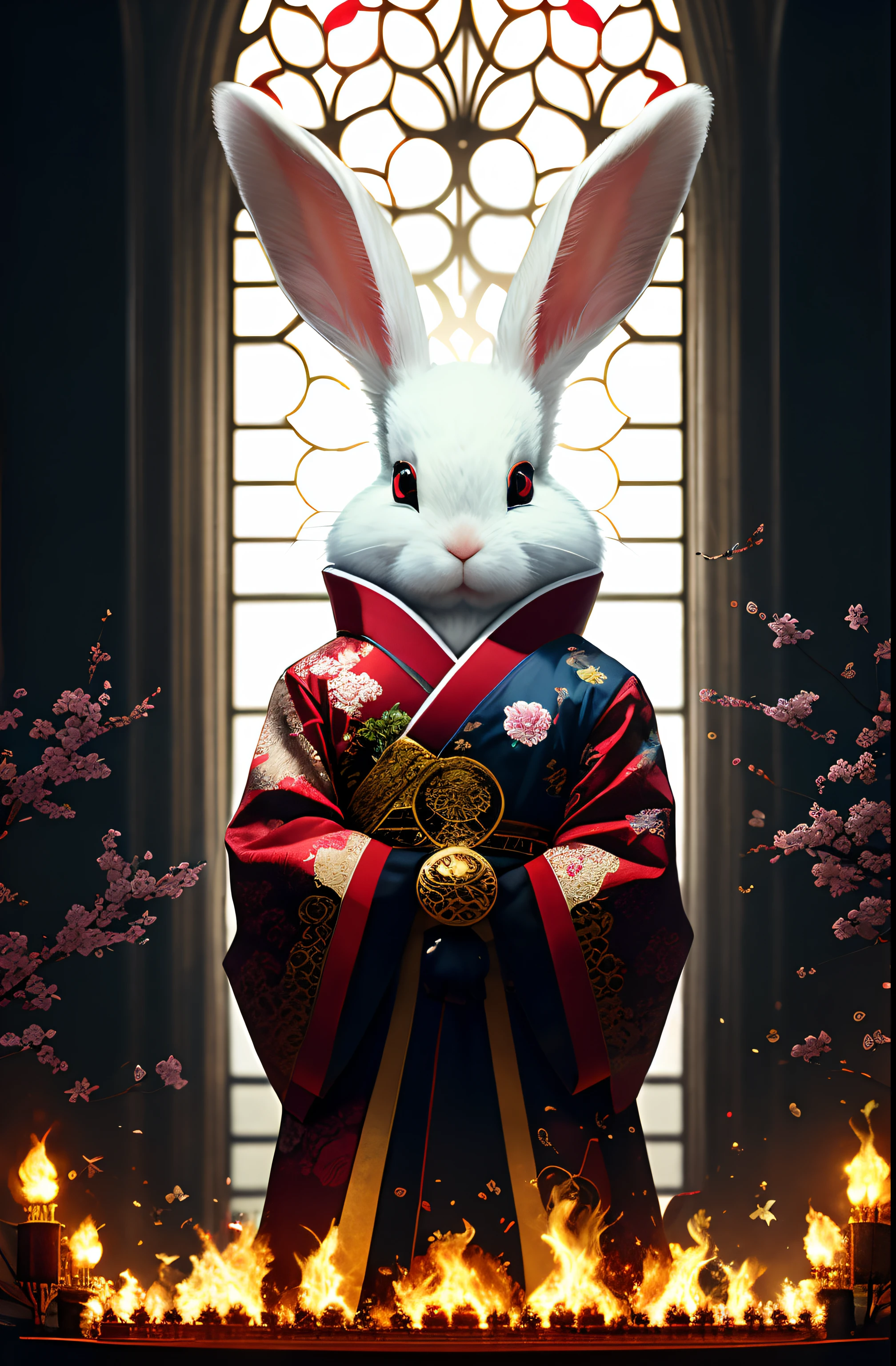 extremely detailed 8k wallpaper），iintricate，detail-rich，dramatics，Rabbit with white kimono，preparing to fight，The sinister face is drawn underneath, only a pair of red eyes peek，Graphic madness，Light is reflected on the ornaments，Bright ash seeped from the torches of the arched passage，Take a leisurely walk through the gloomy cathedral，Show the whole person that there is a certain distance from the surroundings to get their own permit。
