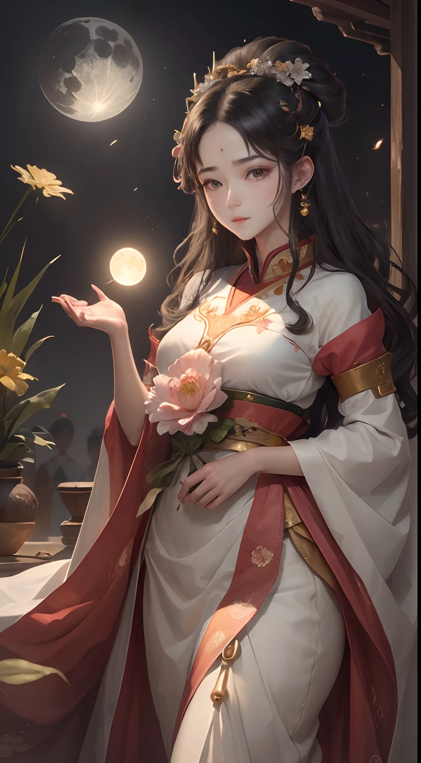 Beautiful long hair cute Chinese girl,Twenty-two years old,(face round:1.3),A shallow shy smile,(large black eyes),(Very detailed and perfect facial depiction),(Long dark brown hair:1.1),(Half-body appearance),With a crown on his head,Light yellow-green silk fabric,Birthday is being celebrated,Moments of happiness, (The vista sky has a bright full moon:1.2),(surrounded by flower:1.2),(Beautifully decorated birthday cake:1.2),happy birthay,good luck,joy,Sprinkle flowers,Beautiful girl,(light and shadow effect),(vivd colour),(Color splattering),(Obvious layers),(Ink painting style),(Photography Award),(8k wallpaper),(Masterpiece),(best qualtiy),A picture,realisticlying