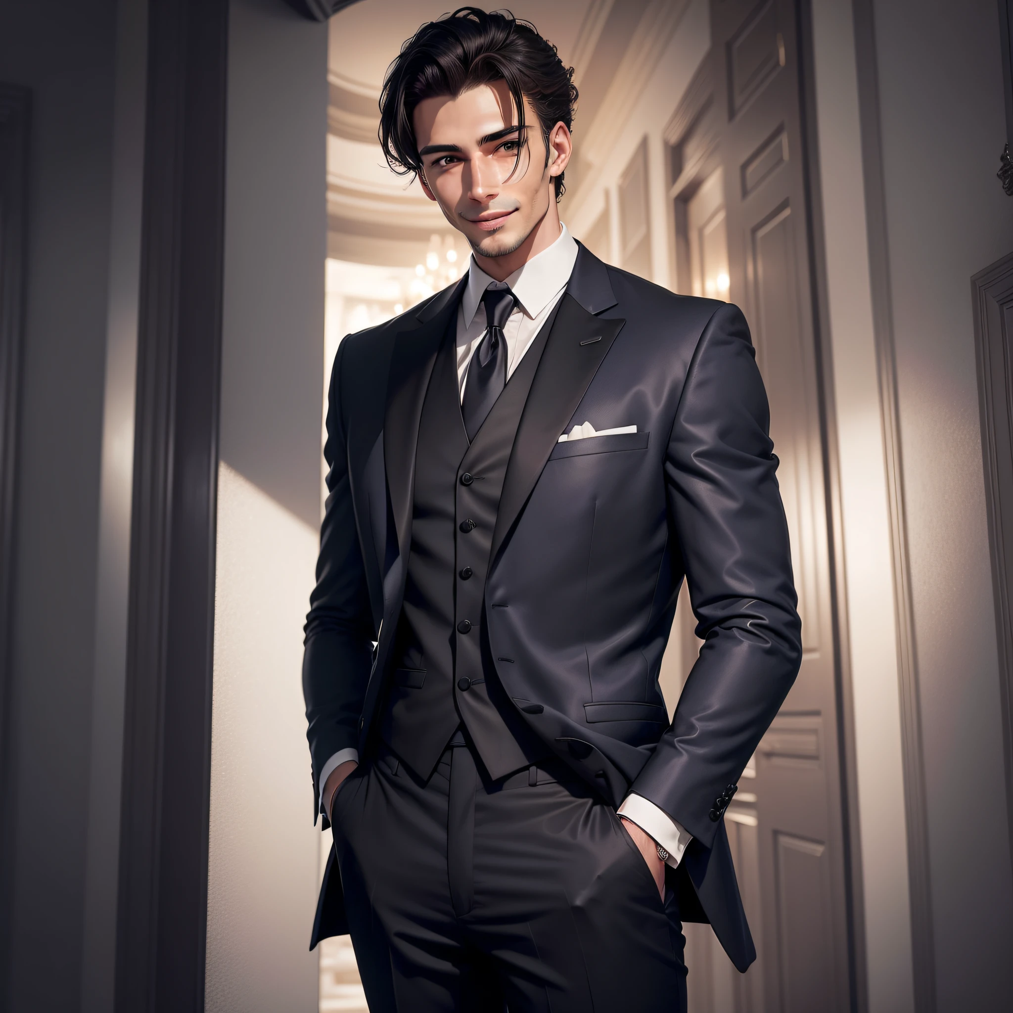Man working in a prestigious hotel, It creates a butler-like atmosphere, Man's, Dressed in a suit, Around 20s and 30s, Well-groomed face, Handsome, tall, With a seductive smile that adds to his charm.