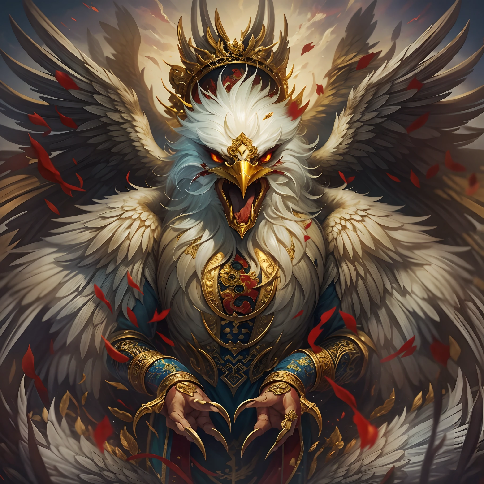 Chinese mythology and stories,Journey,The demon king of the golden-winged eagle,head of an eagle,closeup cleavage,golden colored,Open your mouth,tosen,Surrounded by bloody skulls,Fierce eyes,Blood,A mouth full of blood,Dripping blood,Puffing,massive wings,Thick feathers,feater,Super close,Sharp focus,best qualtiy,8K分辨率,tmasterpiece,Works of masters