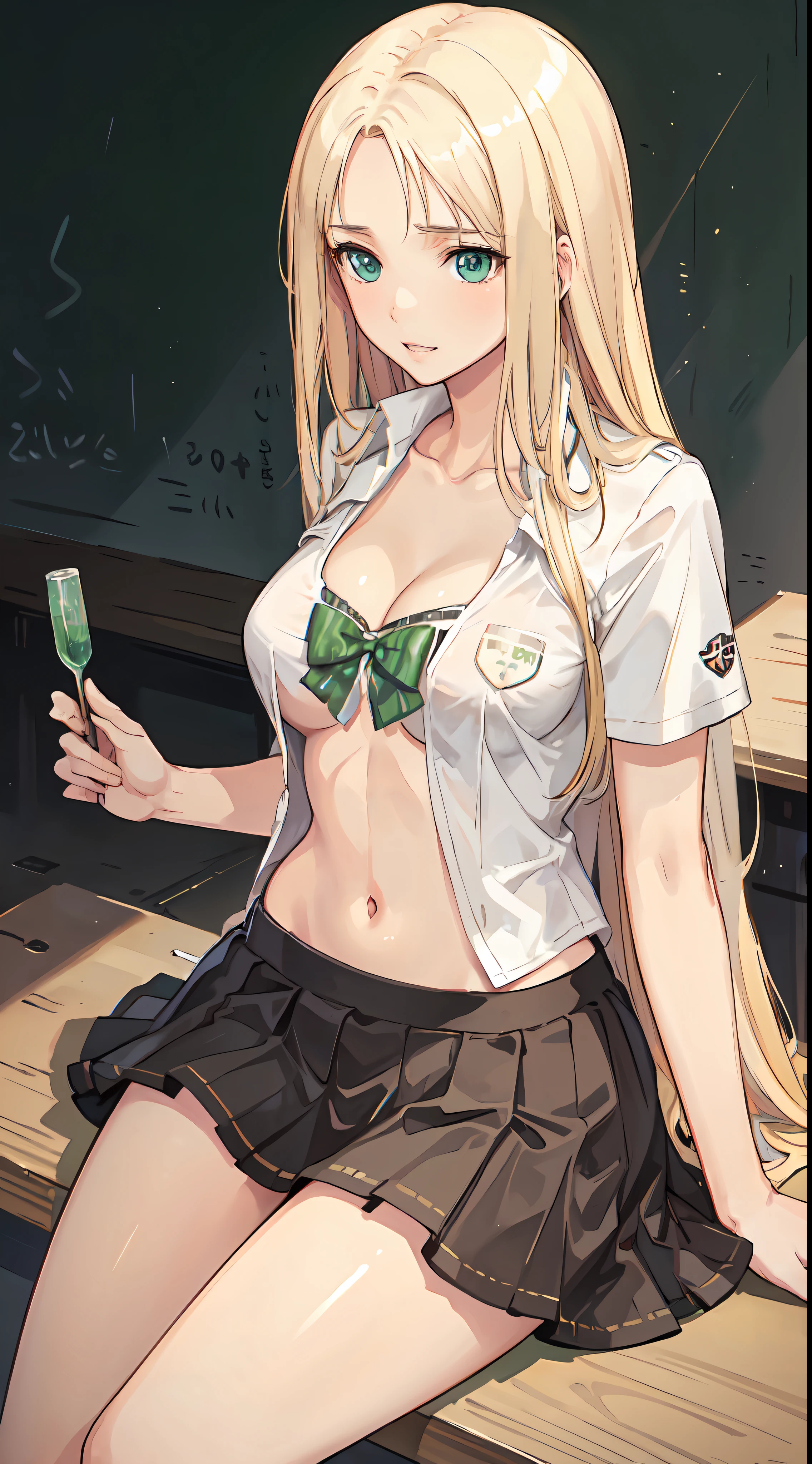 blonde hair, long hair, green eyes, happy, school uniform, short skirt, medium breast, cleavage, classroom, slim legs, navel, open clothes, sitting