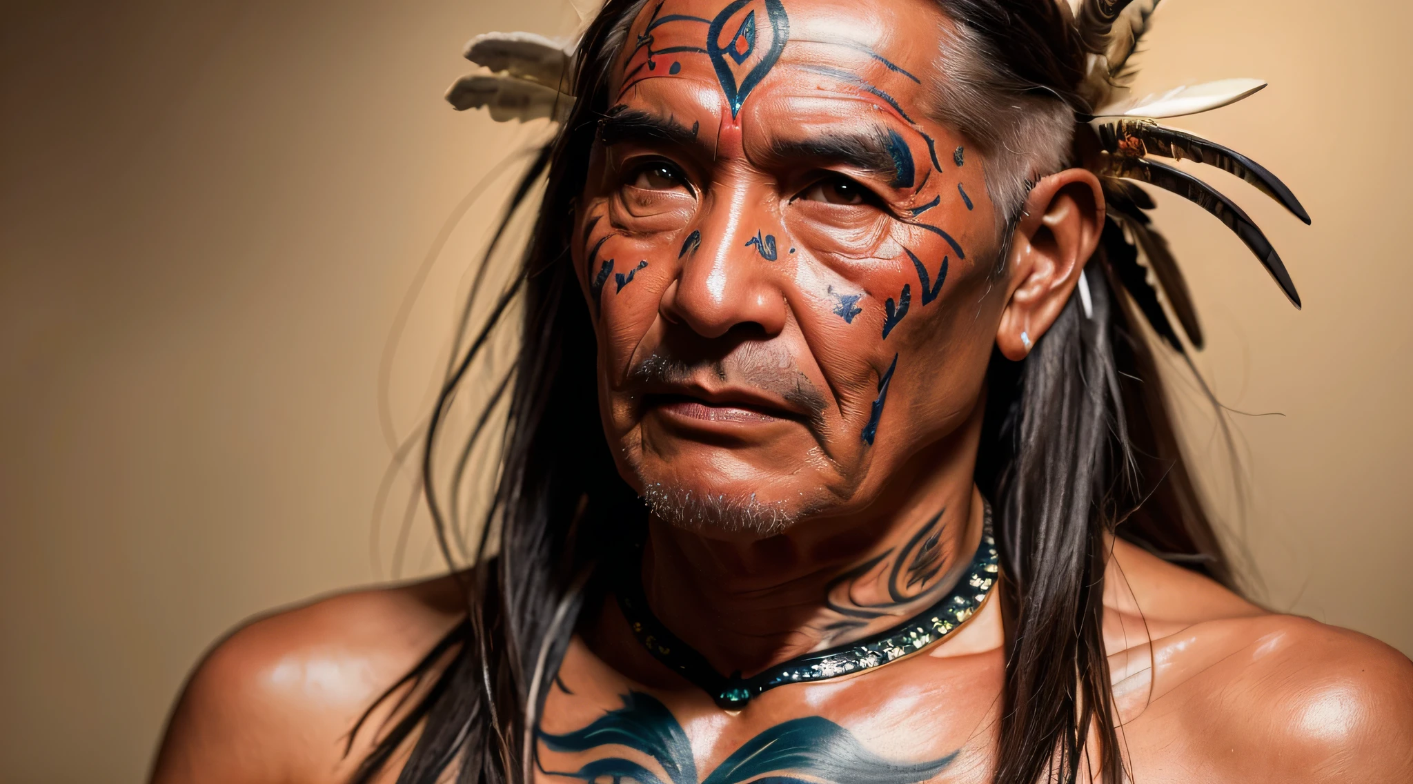 Photo of the 60-year-old fit male masterpiece Native American shaman, corpo inteiro, tatuagem, detalhe intrincado, super-realista, hiper detalhe, textura da pele, bronzeado, arrepios, pele brilhante, foto, fotorrealista, 8K, alto detalhe