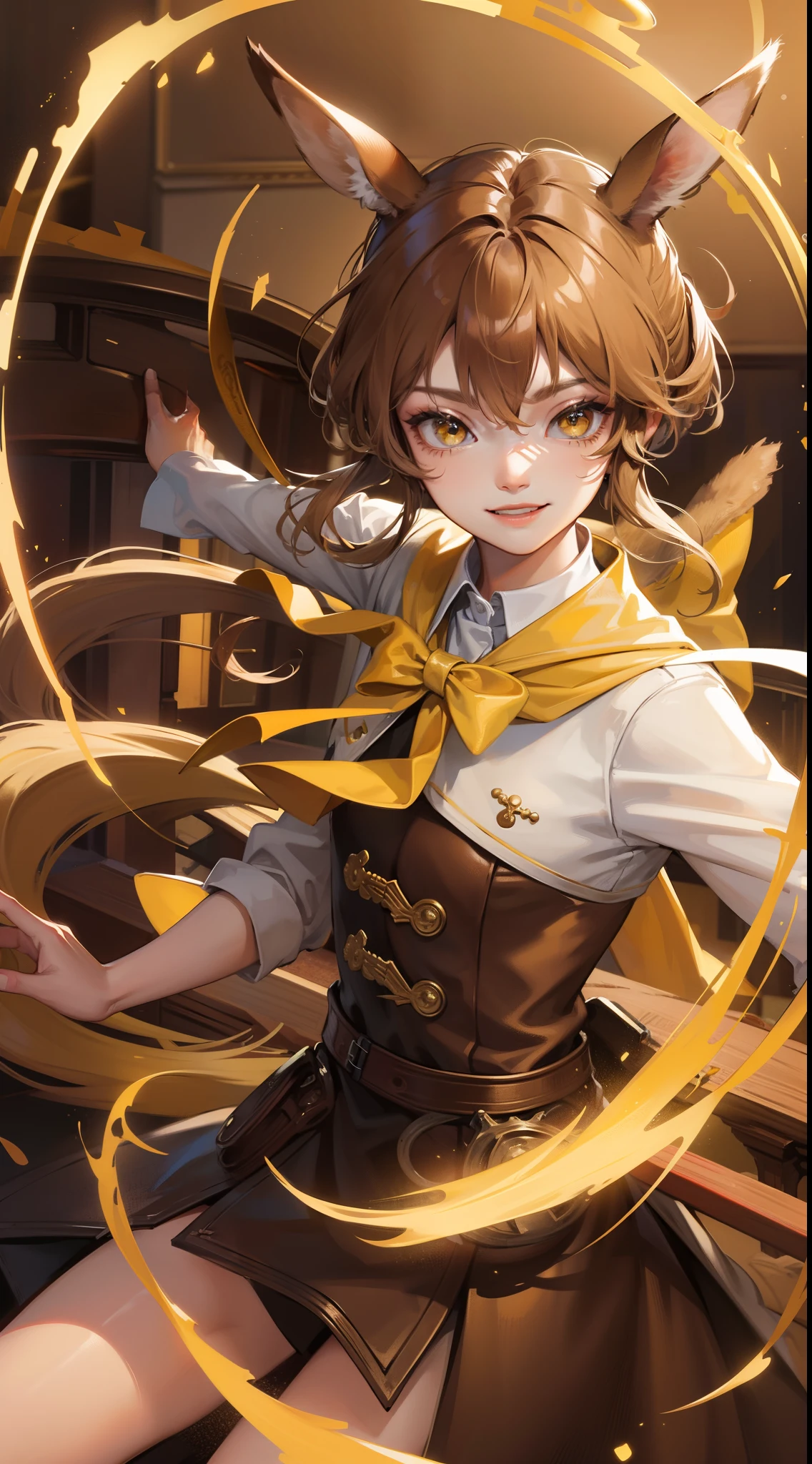 Young guy, Brown hair with blonde strands, Yellow eyes, brown rabbit ears, Smile, Bow and arrow, Masterpiece, hiquality
