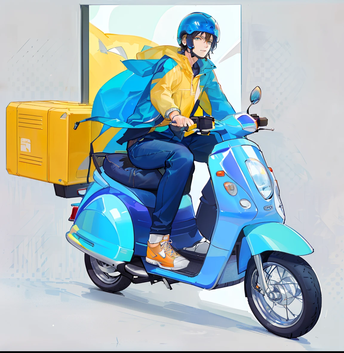 (tmasterpiece,best qualtiy),quadratic element,cool guy,Fine facial features,Man riding an electric car,Blue box at the back of the car, Mopeds, Relaxed, Chinese,Blue car,Blue clothes,With a blue helmet,4K,best qualtiy,frontage,full bodyesbian,Solid white background