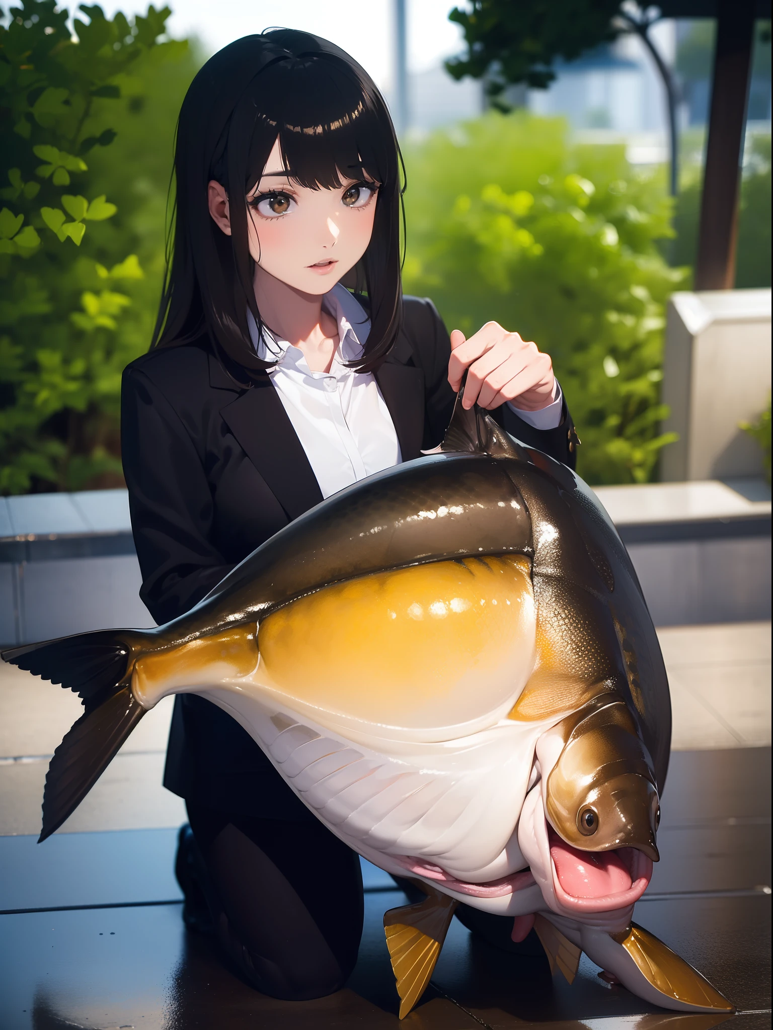 ((((Catchig a big blackbass by the lakeside)))),((Best Quality, masutepiece :1.3)),((( large mouth bass))),hight resolution,ultra-detailliert,Official art,Beauty and aesthetics,masterpiece,best qualtiy,ighly detailed,(1 Japanese woman),Black hair, long eyeslashes, Solid Circle Eyes, deadpan, drop shadow, Atmospheric perspective,Super Detail, ccurate, Best Quality, small tits,(Black jacket:1.1),top-quality, 8K, nffsw, Hi-Res, absurderes:1.2, blurry backround, bokeh dof:1.2, a picture, (Raw photography:1.2), (Photorealsitic:1.4), (masterpiece:1.3), (intricate detailes:1.2), Atmospheric perspective,Super Detail, ccurate, Best Quality,