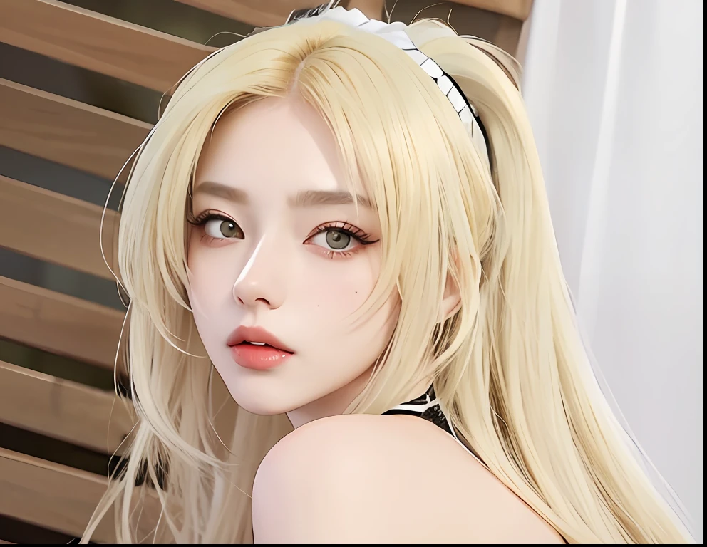 Realistic, 8k, 1girl, long white black ponytail hair, Chinese, heterochromic eyes, moles under the eyes, thick eyebrows, bikini, white panties, tuned abs, thighs, in bed, tsunade, yellow hair,