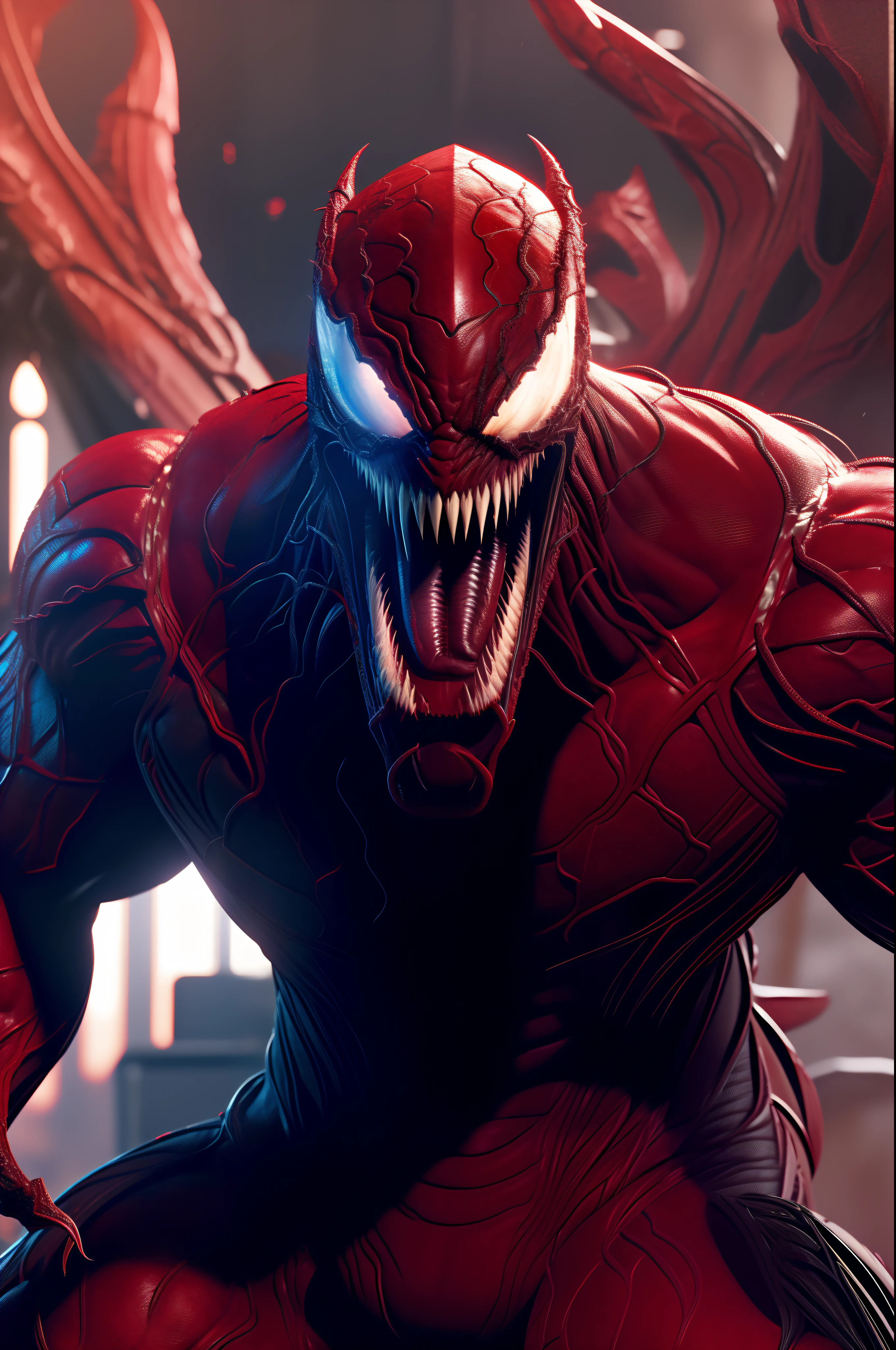 Carnage (Marvel), standard body, rough black skin, sharp teeth, evil smile, long tongue, beautiful, cool, intricate details, sci-fi, 8K.