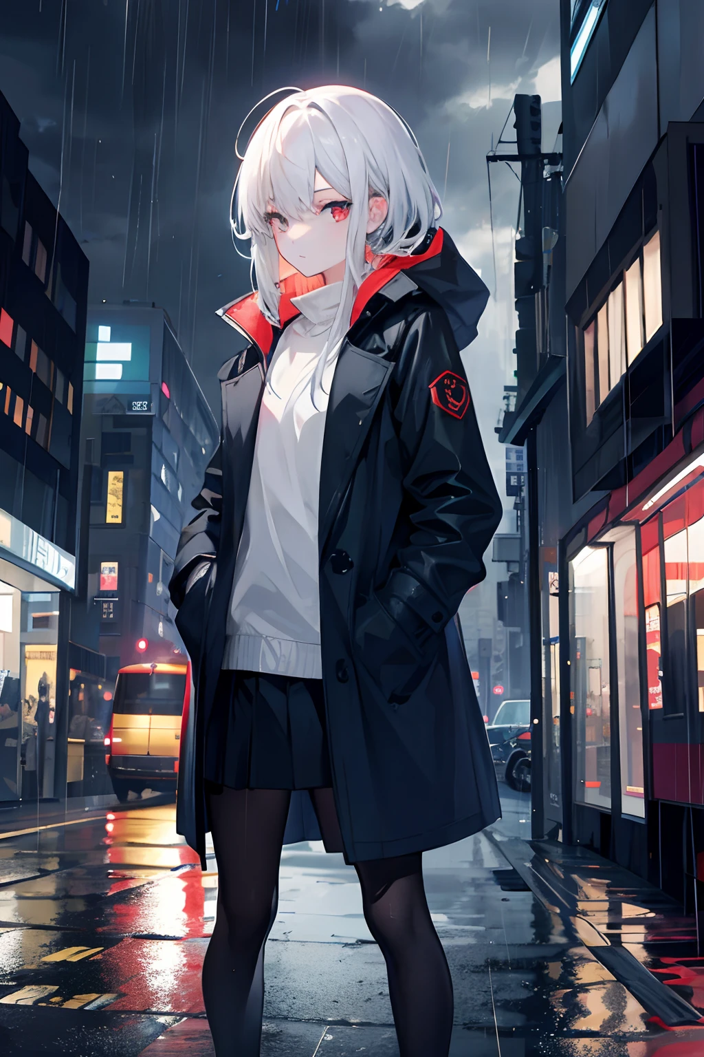 1girl, Night City, rain, coat, hands in pockets