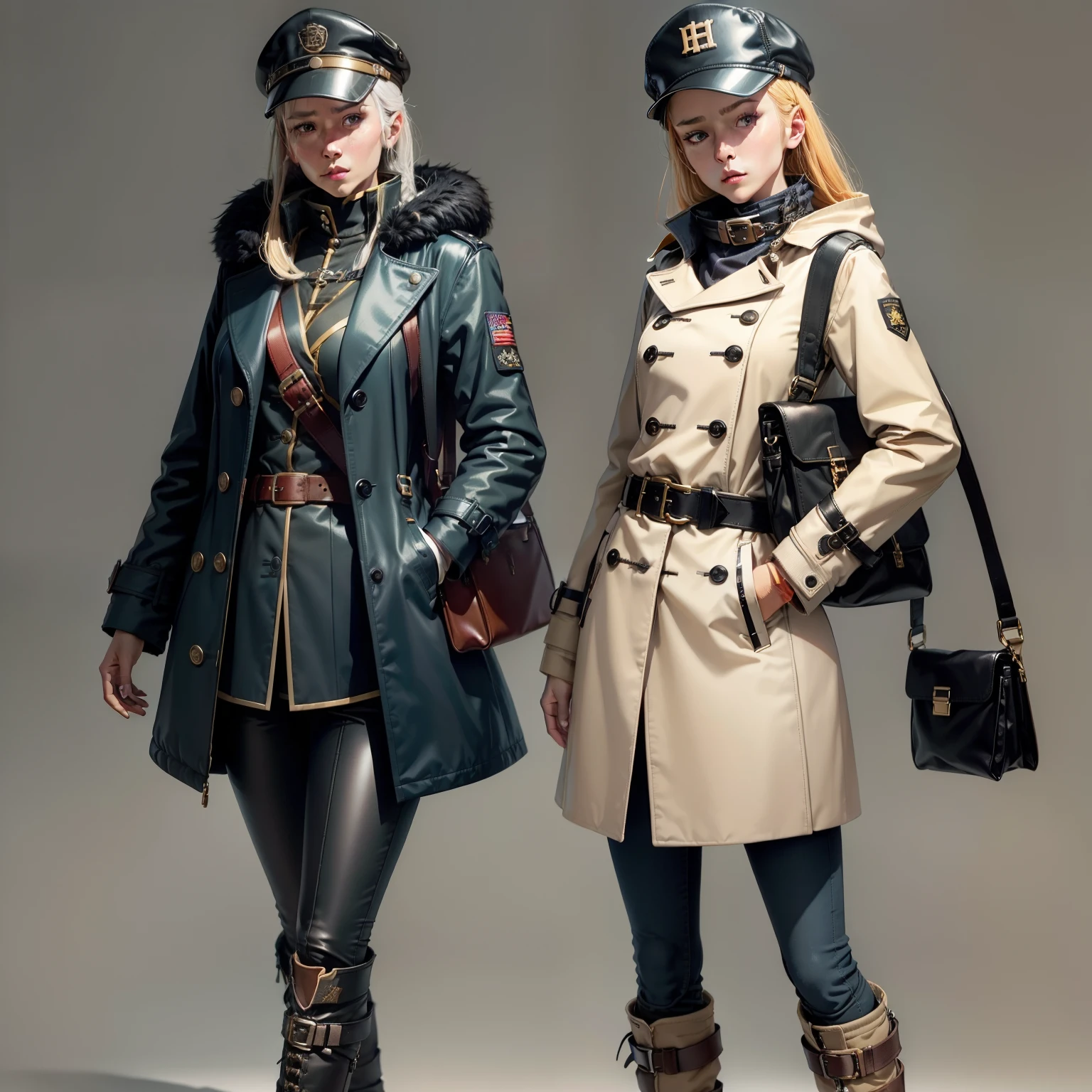 Wear a stand-up collar jacket，Coat, coat，Wear breeches underneath，Long boots with a metal scalp strap at the waist，Cross-body belt，Big cap on the head。