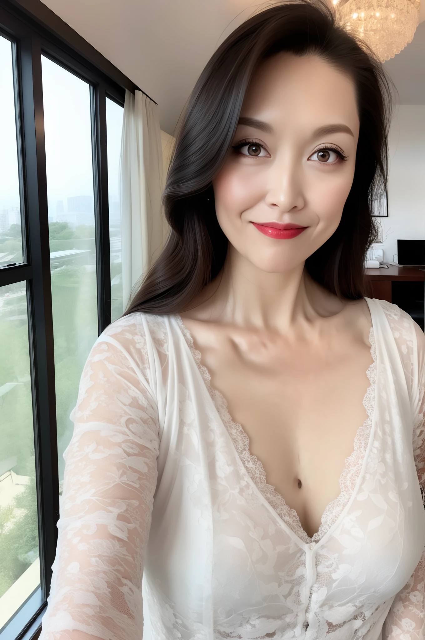 1woman, Highly detailed 8k wallpaper), sharp focus, detailed, dramatic, delicate and beautiful Woman, (perky uplifted breasts:1.1), cleavage, chic lace embossed business dress, Half Butterfly Earrings, Double Ring Necklace, (Evil Smile:1.05), (45 years old, : 1.4), (Heavy, Fat Body: 1.4), Makeup, (Lipstick: 1.1), (Eyeliner: 1.2), Mascara, Eyeshadow, Wavy Hair, Dynamic Angle, ( plus size model), (red lips)graphics beautiful, Modern office with a view, wide windows, show your whole body, standing by window,