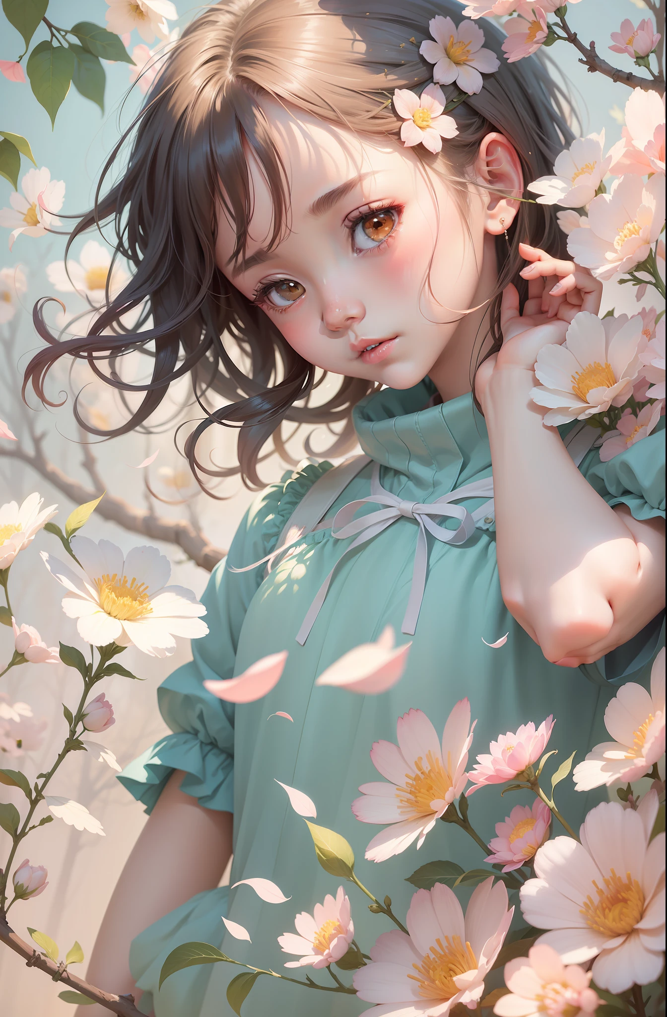 There was a girl standing on a tree with flowers, Guviz-style artwork, Guviz, Cute detailed digital art, lovely digital painting, Kawaii realistic portrait, adorable digital art, Realistic cute girl painting, Beautiful digital artwork, a beautiful anime portrait, Soft anime illustration, inspired by Yanjun Cheng, By Li Song