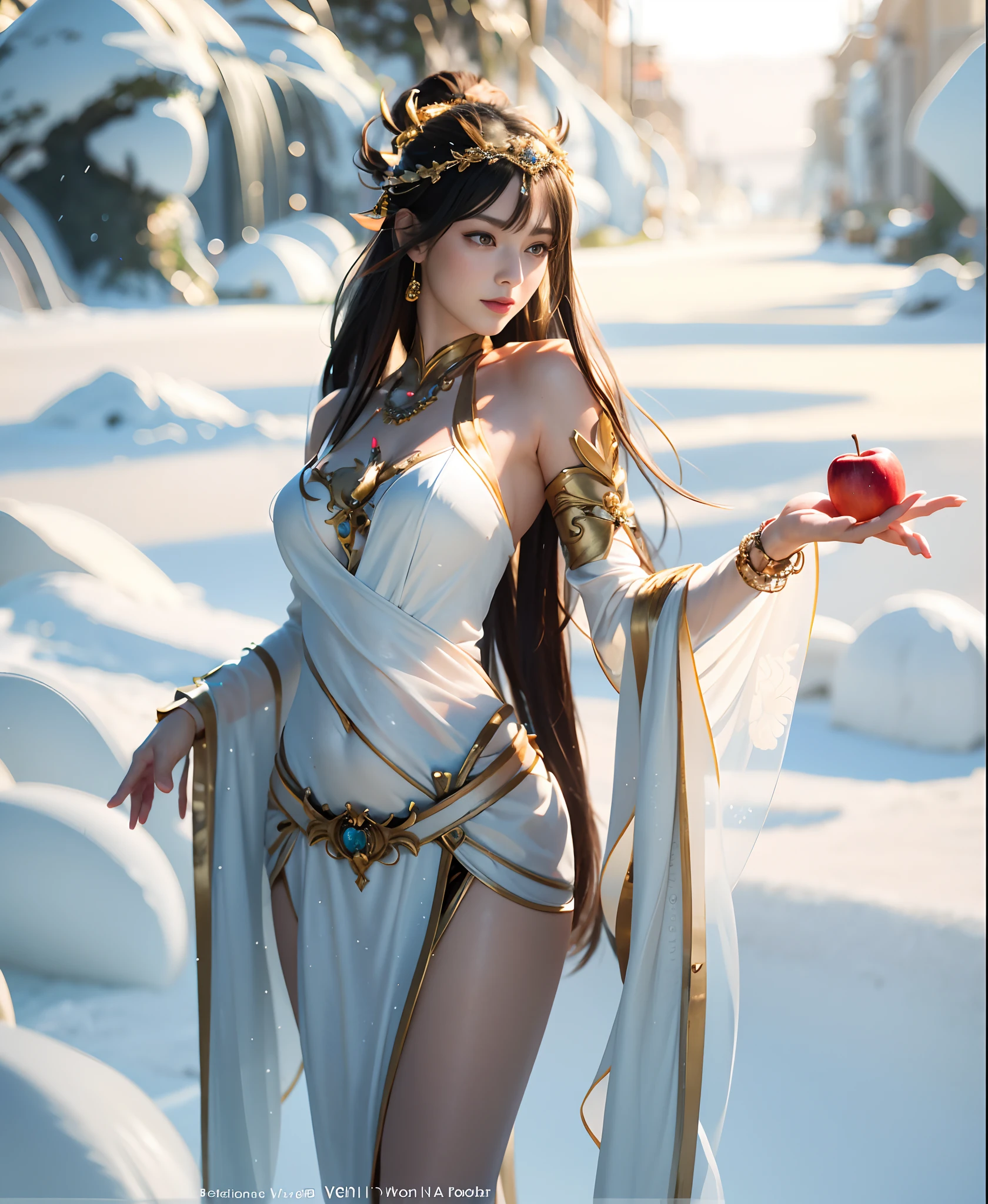 A woman in a white dress,Apple in one hand,Beautiful fantasy goddess,((Beautiful fantasy goddess)),fantasy woman,Beautiful goddess of elegance,Carol behind Ultra HD,Elegant lady with alabaster skin,Art buds on the art station Pixiv,Aphrodite's goddess of love,Art Buds and WLOPs,extremly high detail,low-saturation,animation art style,Facial feature details,Fantastic illustration style zbrush,Ultra high-definition images,Feminine elegant style,Animation Art,Organic and flowing forms,Free brush strokes,illustratio,to the art style,Long-sleeve tickets,Superior quality,Action painter,amazing moment,Frey,Unreal Engine5,cinmatic lighting,Particle,Realistic pvc textures,32K,cinematic photogtaphy,Distributed vertically throughout the body,poster for,Light smiles,bead necklace,virtual,hentail realism,cinmatic lighting,Ray traching,reflective light,shadowing,Anatomical correct,textureskin,super detailing,The is very detailed,high qulity,tmasterpiece,retinas,acurate,Award-Awarded,best qualtiy,A high resolution。An apple in one hand,Beautiful fantasy goddess,((Beautiful fantasy goddess)),Fantasy Woman,Beautiful and elegant goddess,karol bak uhd,elegant lady with alabaster skin,Artgerm on ArtStation Pixiv,aphrodite goddess of love,ArtGerm and WLOP,Goddess。Extremely high detail,low-saturation,in the style of anime art,,Detailed facial features,Dream illustration style zbrush, UHD image,Feminine elegance,,anime artsyle,Organic and flowing forms,Free brush strokes,illustrated,in the style of artgerm,Long-sleeve tickets,Excellent quality,Action painter,amazing moment,vray,Unreal Engine5,cinmatic lighting,Particle,Realistic pvc textures,32 k,cinematic photogtaphy,Apply vertically to the whole body,poster for,Light smile,bead necklace,Bokeh,Verism,Cinematic lighting,Ray tracing,reflective light,shadowing,Anatomically correct,Textured skin,Super detail,highly details,High quality,Masterpiece,retinas,ccurate,Awards received,Best quality,A high resolution。