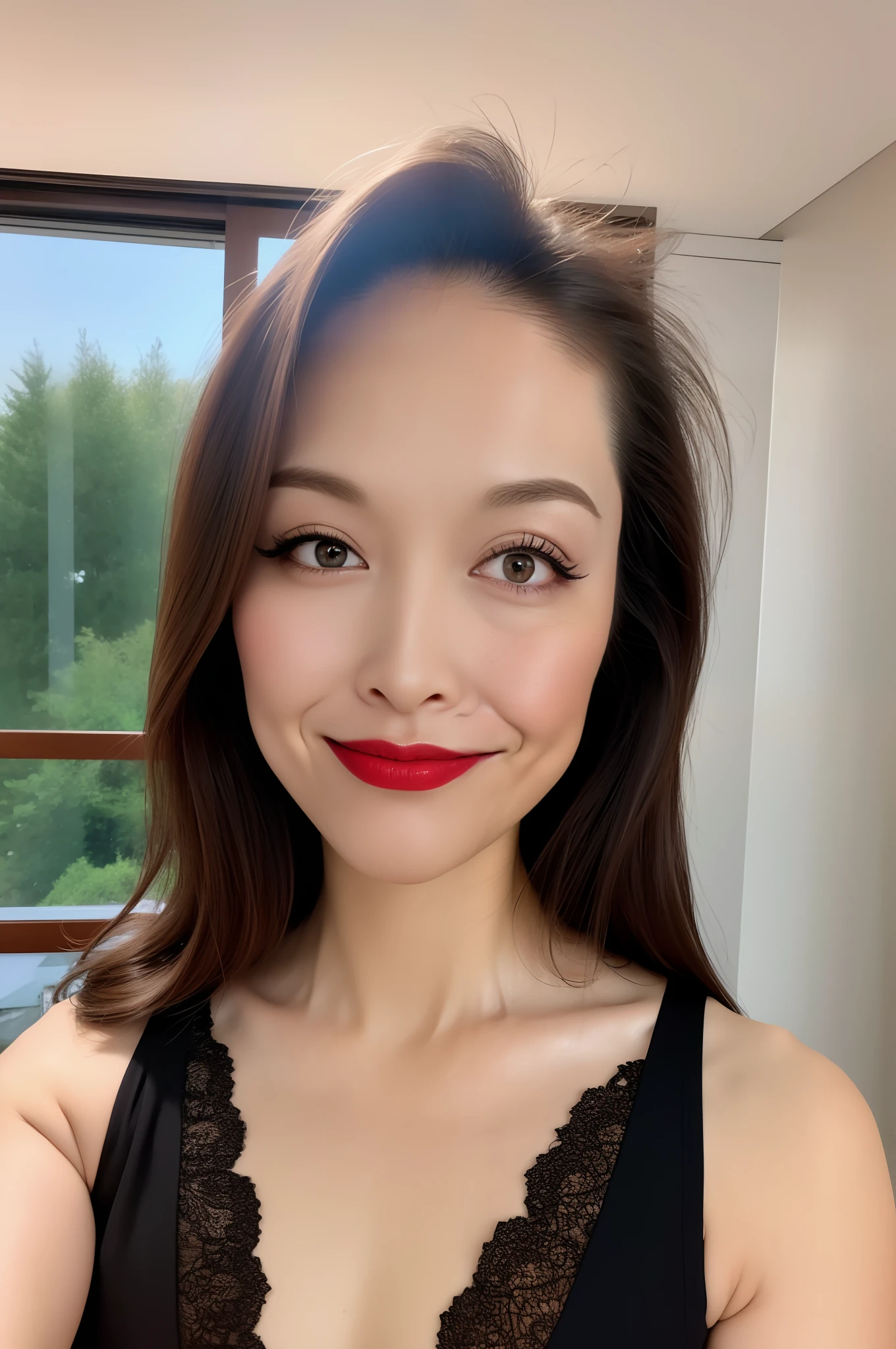 1woman, Highly detailed 8k wallpaper), sharp focus, detailed, dramatic, delicate and beautiful Woman, (perky uplifted breasts:1.1), cleavage, chic lace embossed business dress, Half Butterfly Earrings, Double Ring Necklace, (Evil Smile:1.05), (45 years old, : 1.4), (Heavy, Fat Body: 1.4), Makeup, (Lipstick: 1.1), (Eyeliner: 1.2), Mascara, Eyeshadow, Wavy Hair, Dynamic Angle, ( plus size model), (red lips)graphics beautiful, Modern office with a view, wide windows, show your whole body, standing by window,