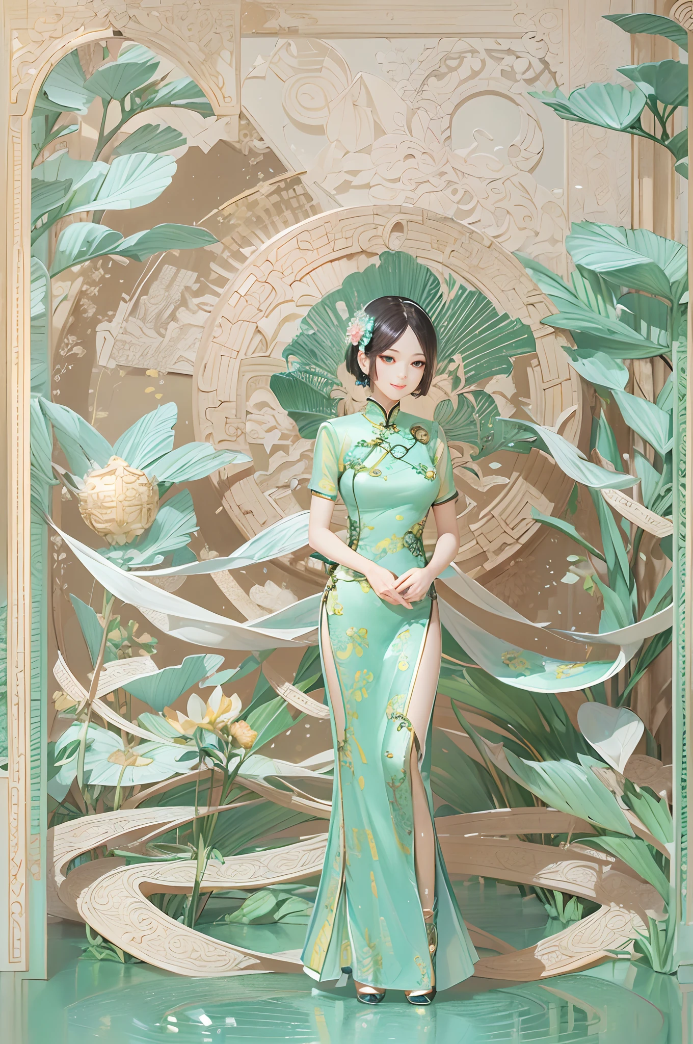 (paper art, Quilted paper art, 3D), (full body:1.5),1 Cheongsam woman,Slender figure,perfectly proportions,Delicate hair accessories, smile,Oriental elements,simple background, mint green, (Soft Lighting, Bokeh),high quality,4K